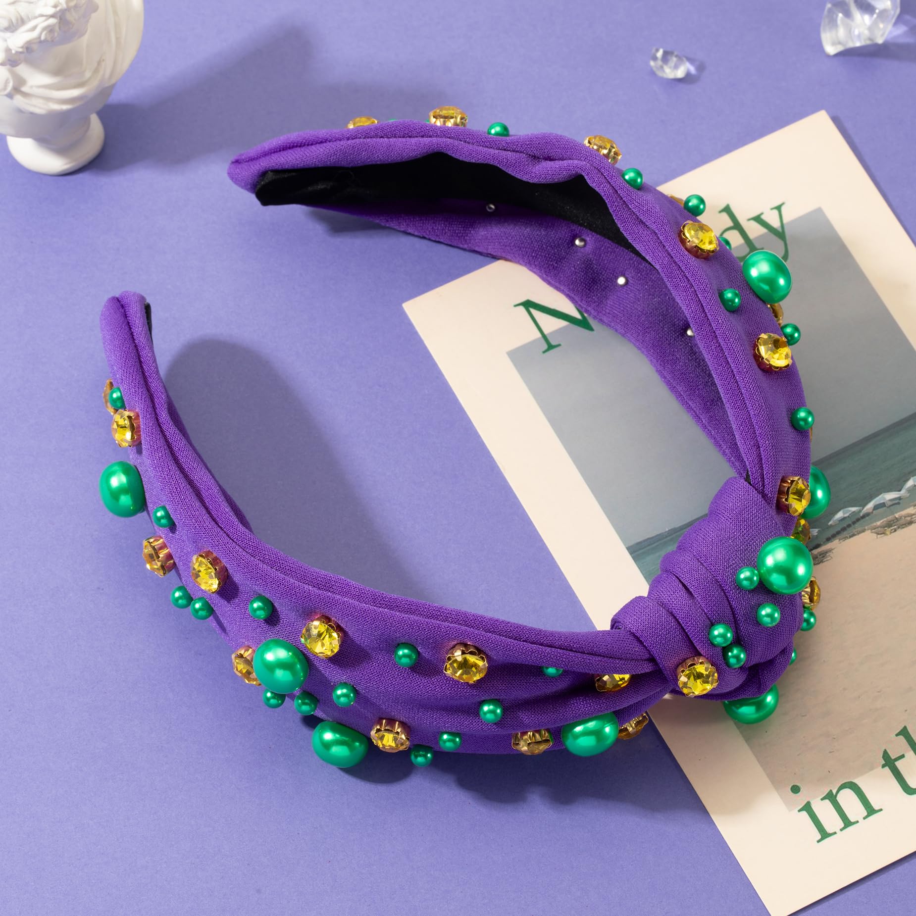 Mixcbe Hairband, Mardi Gras Headband for Women Holiday Purple Green Yellow Pearl Crystal Jeweled Knotted Purple Hairband Outfits