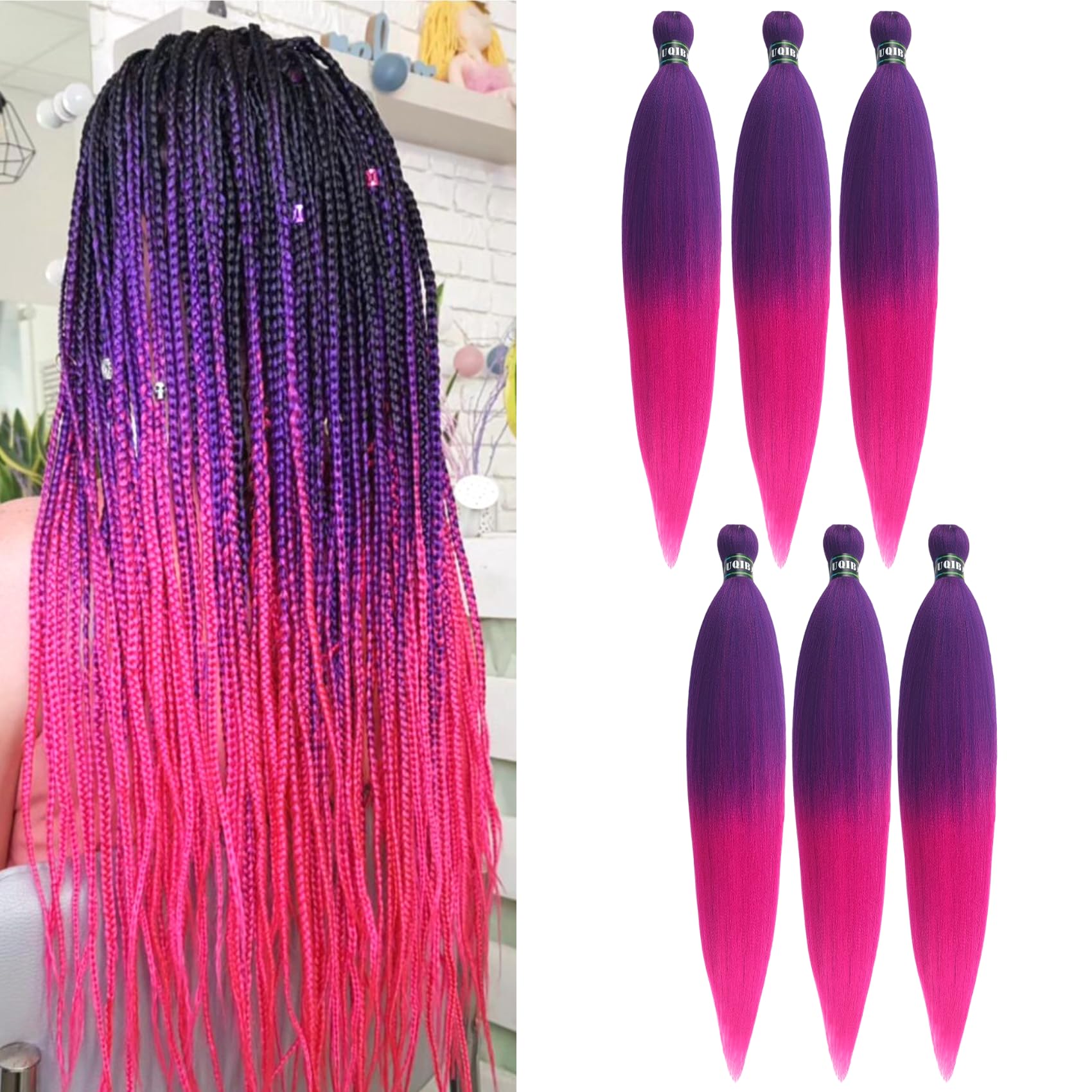 Purple Braiding Hair Pre stretched Ombre Hot Pink Kanekalon Prestretched Braiding Hair Ez Braid Knotless Colored Hair Extensions