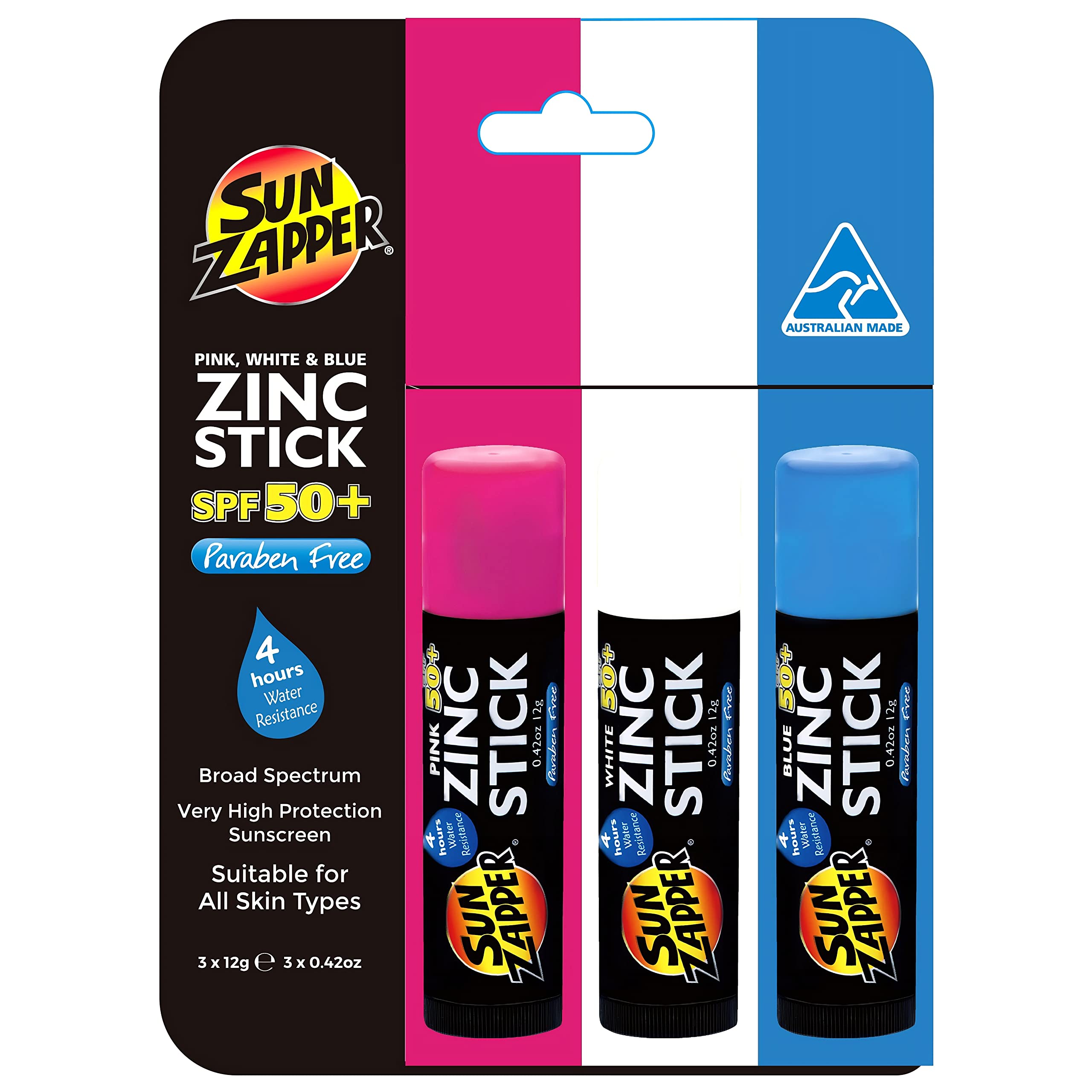 Sun Zapper Zinc Oxide Sunscreen - Pink, White & Blue - Spf 50+ Very High Sun Protection Waterproof Sunblock For Face & Body, Adu
