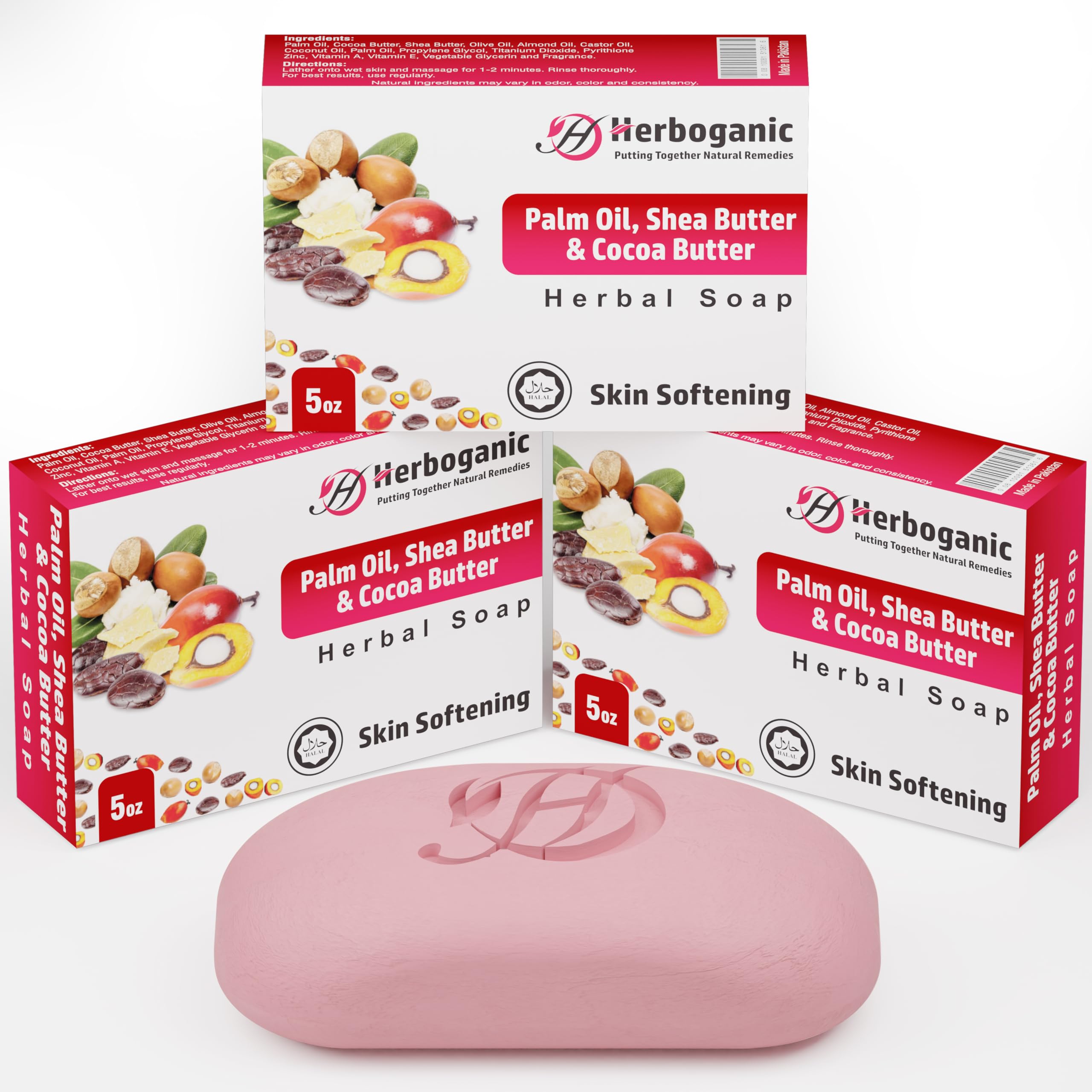 HERBOGANIC Palm oil, Shea Butter and Cocoa Butter Herbal Soap | Pack of 3 of 5oz soap Bar | Natural Bar Soap for Face and Body |