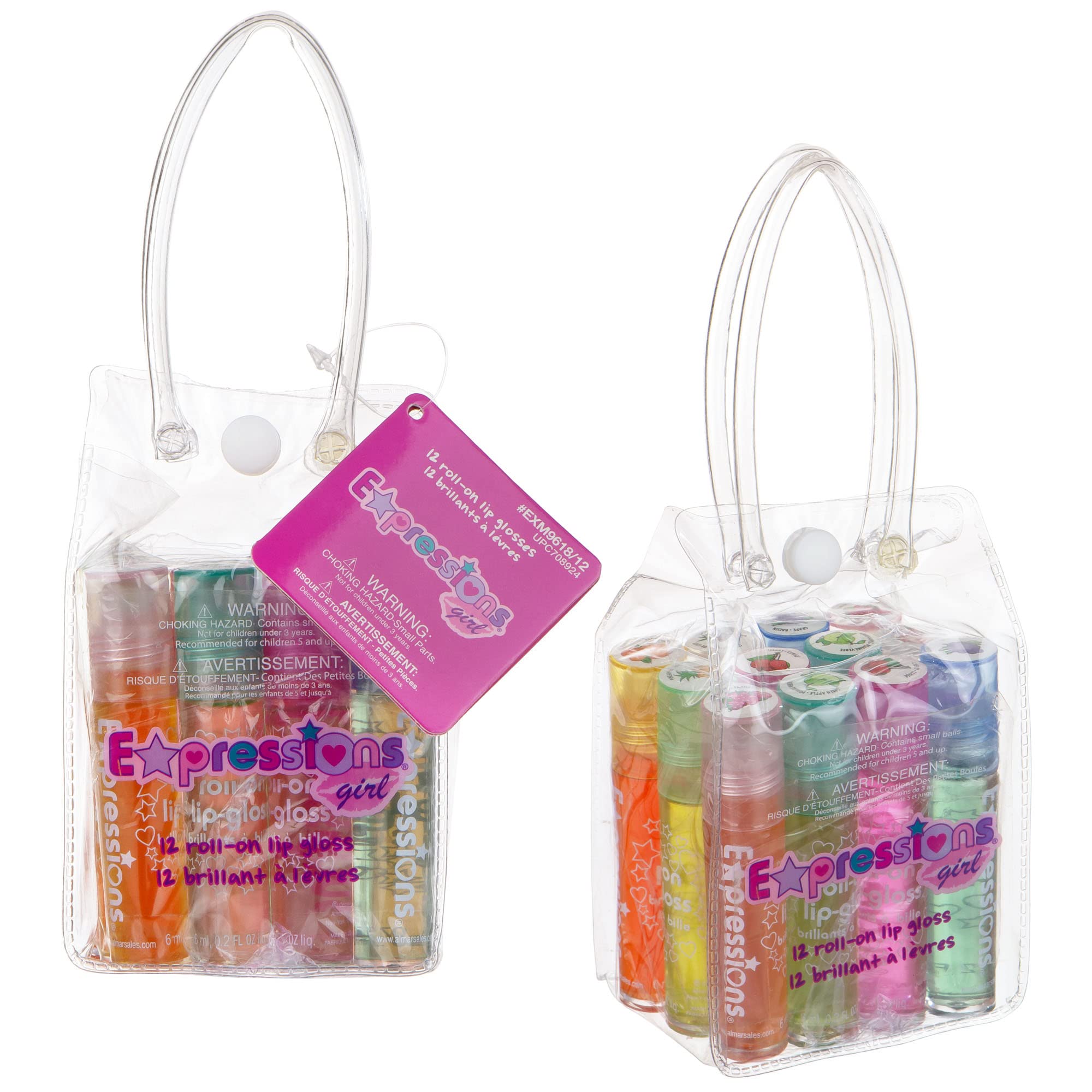 Expressions girl Roll On 24 Lip gloss Set with carrying case, 24-Piece glossy Lip Make-up for Kids and Teens - Fruity Flavors, N