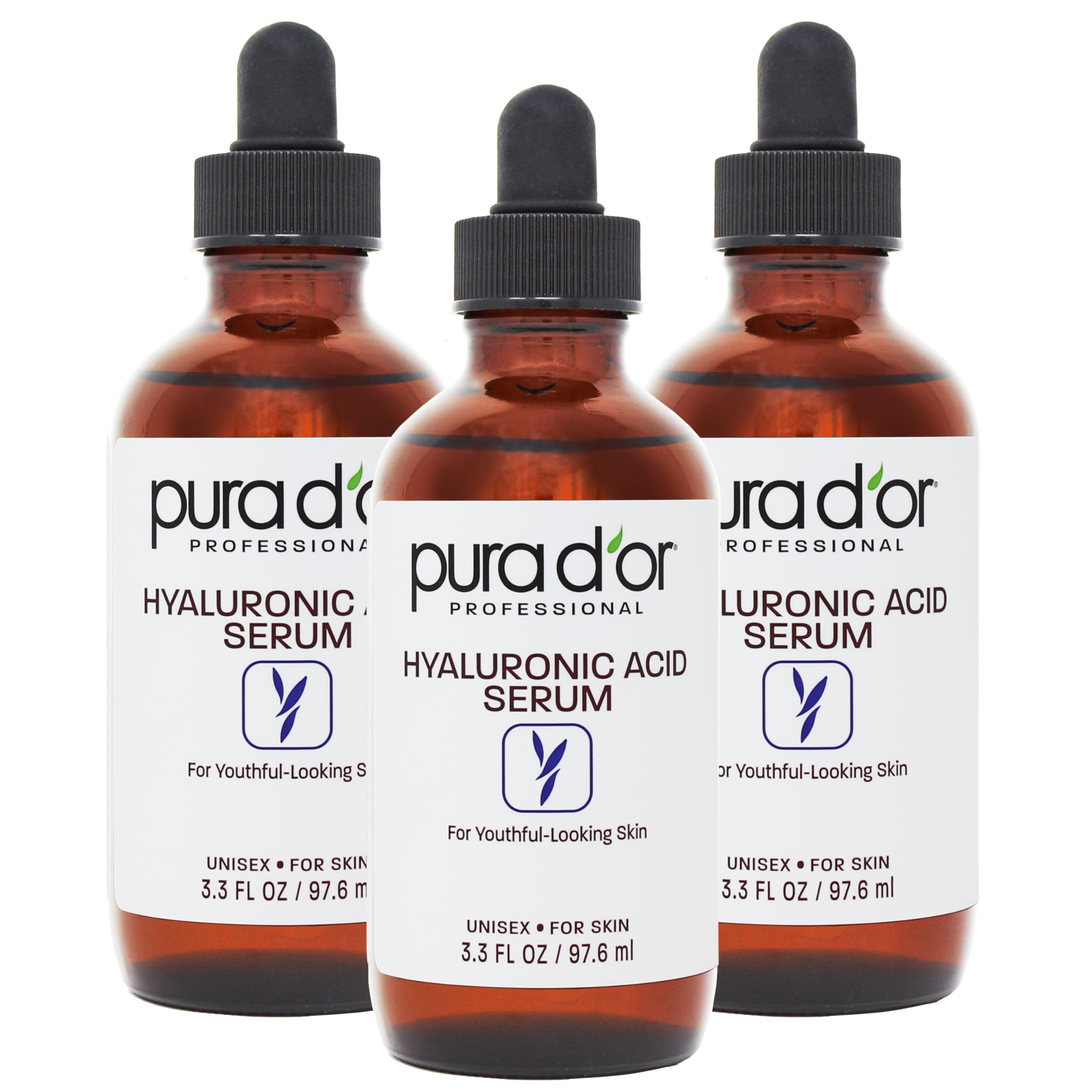 PURA D'OR Hyaluronic Acid Serum For Deep Hydration (3.3oz x3 = 9.9oz) Anti-Aging, Plumping & Moisturizing Formula For Smooth, Su