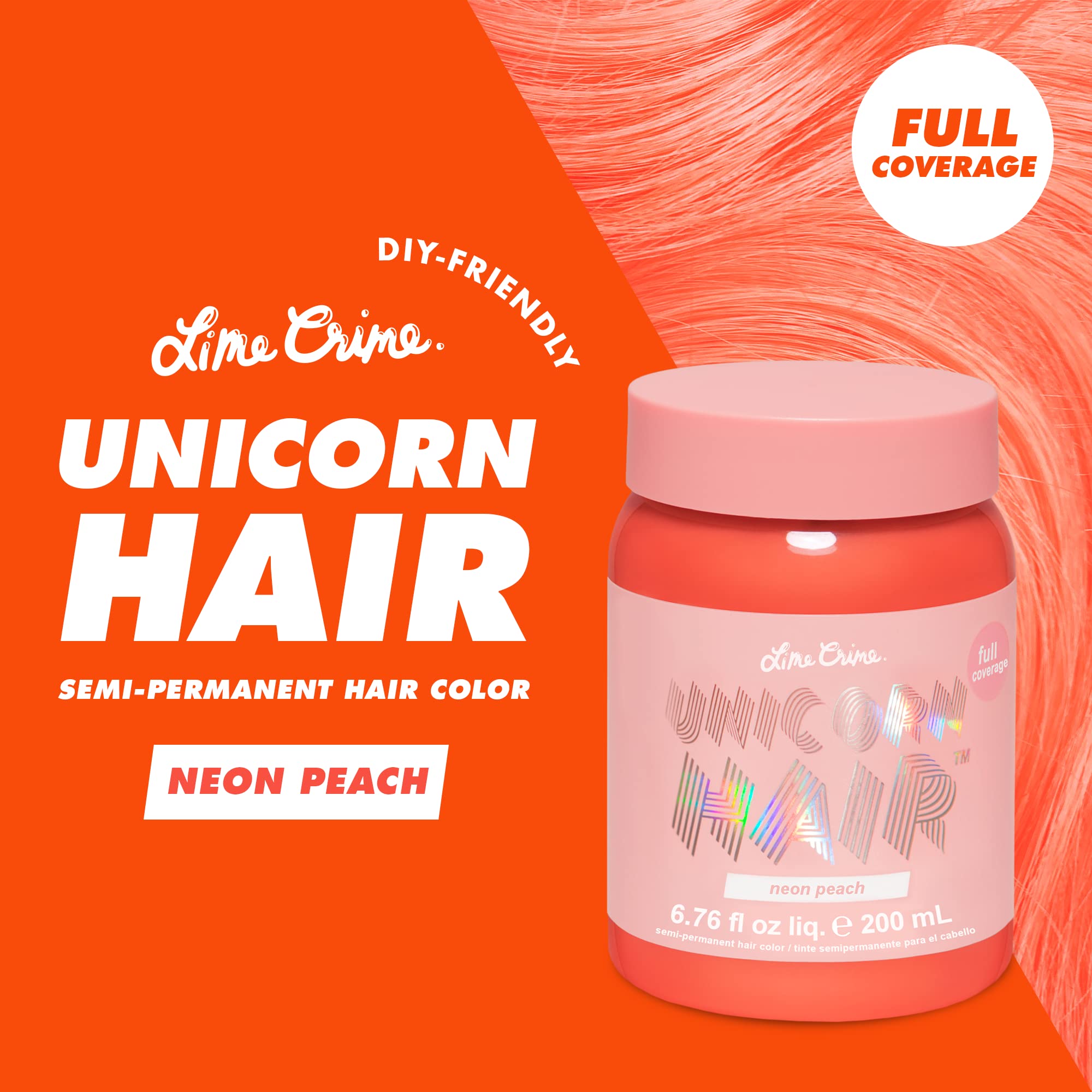 Lime Crime Full Coverage Unicorn Hair Dye, Neon Peach - Damage-Free Semi-Permanent Hair Color Conditions & Moisturizes - Tempora