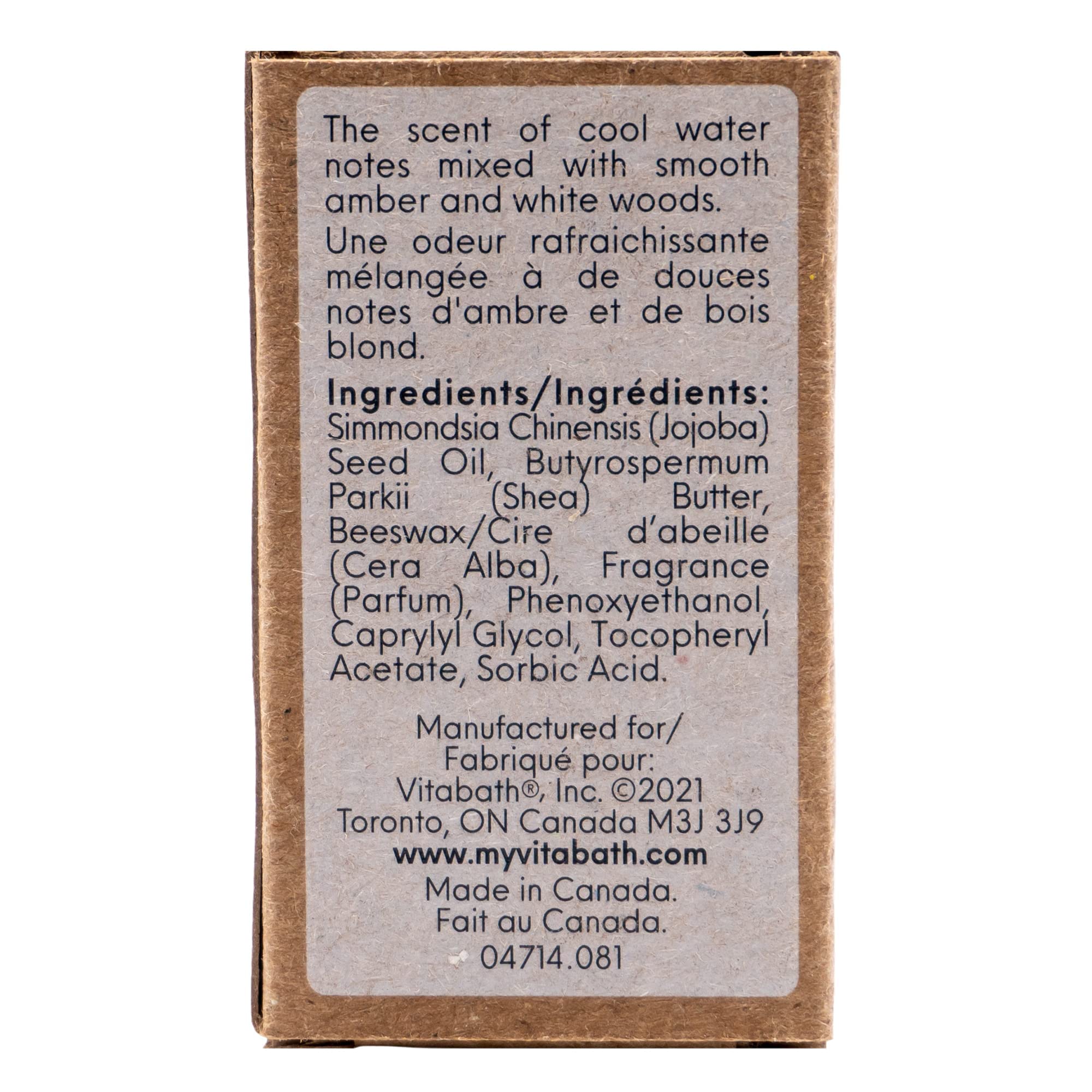 Vitabath Men's Solid Cologne Invigorating Crisp Cool Water & White Woods All Over Lasting Amber & Woodland Fragrance with Skin-L