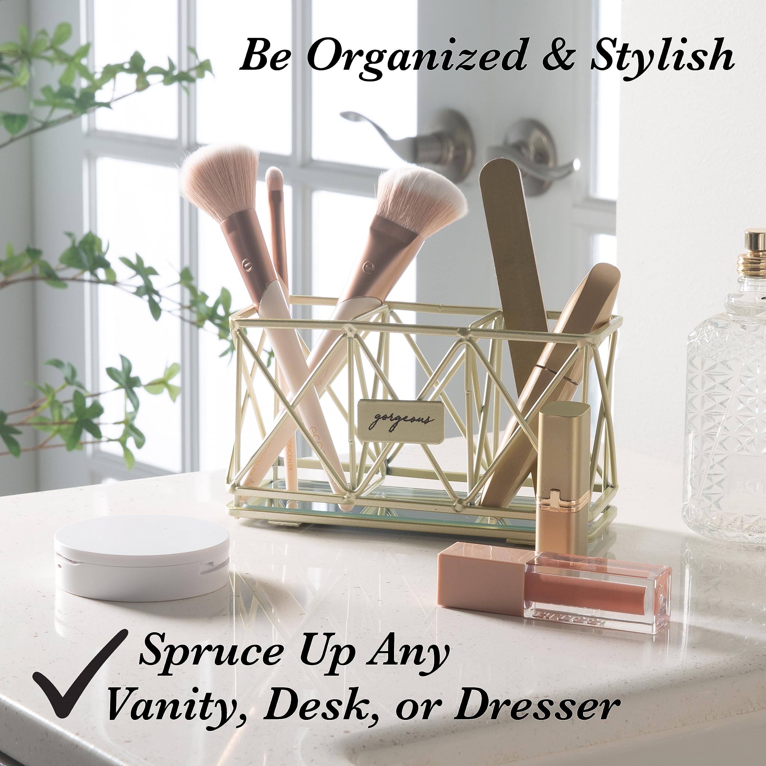 Home Details 3 Compartment Cosmetic Brush Holder | Make Up Pencil | Vanity Organizer | Bathroom | Dresser | Office | Mirror Base