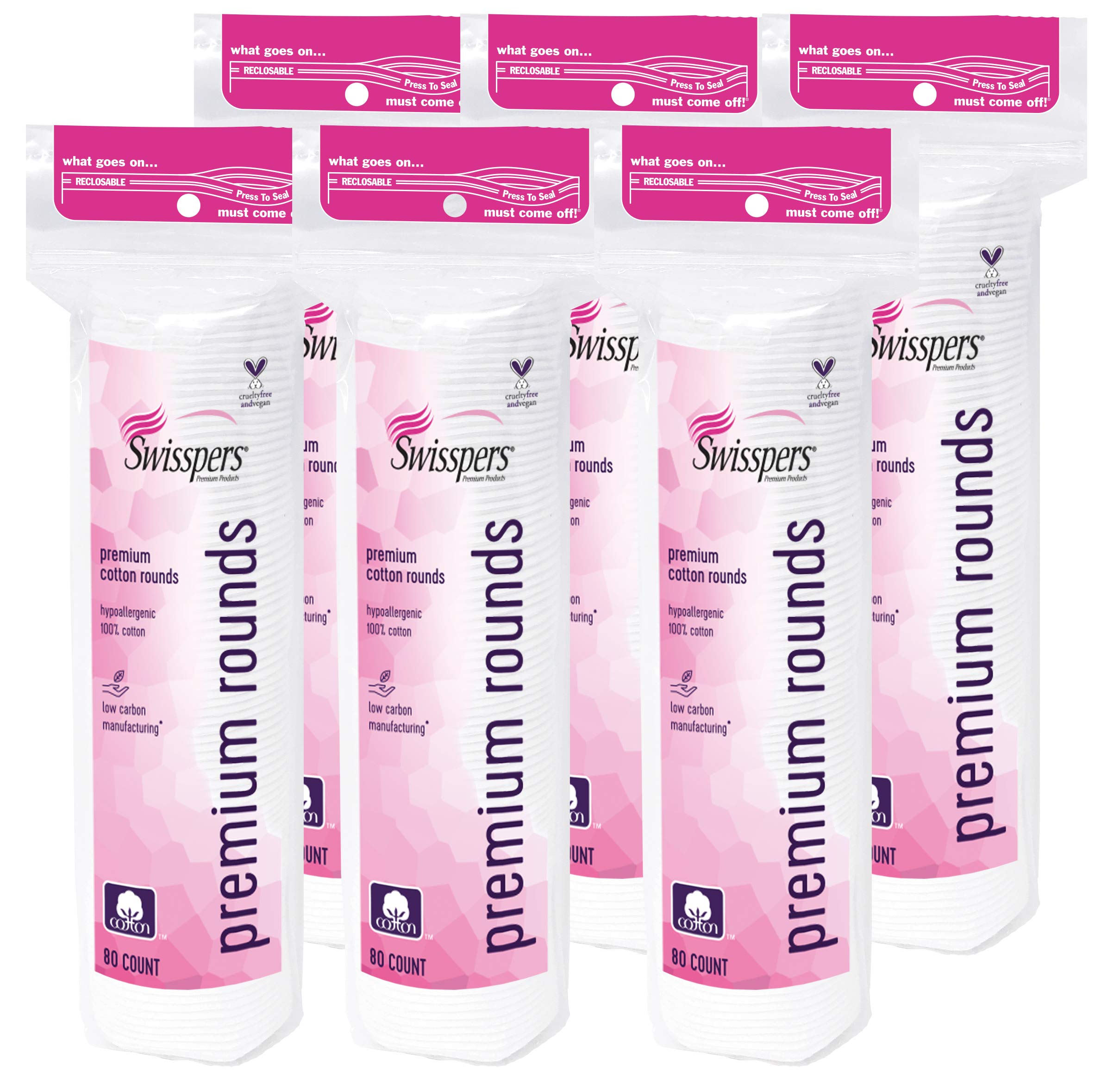 Swisspers Premium Cotton Rounds, Hypoallergenic, 80 Count, Pack of 6 (480 Rounds Total)