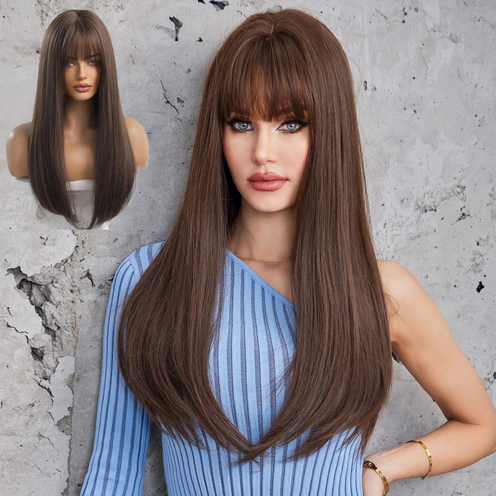Emmor Brown Wig With Bangs For Women Long Straight Wigs Synthetic For Girls Halloween Party Cosplay And Daily Use(26'' Brown)