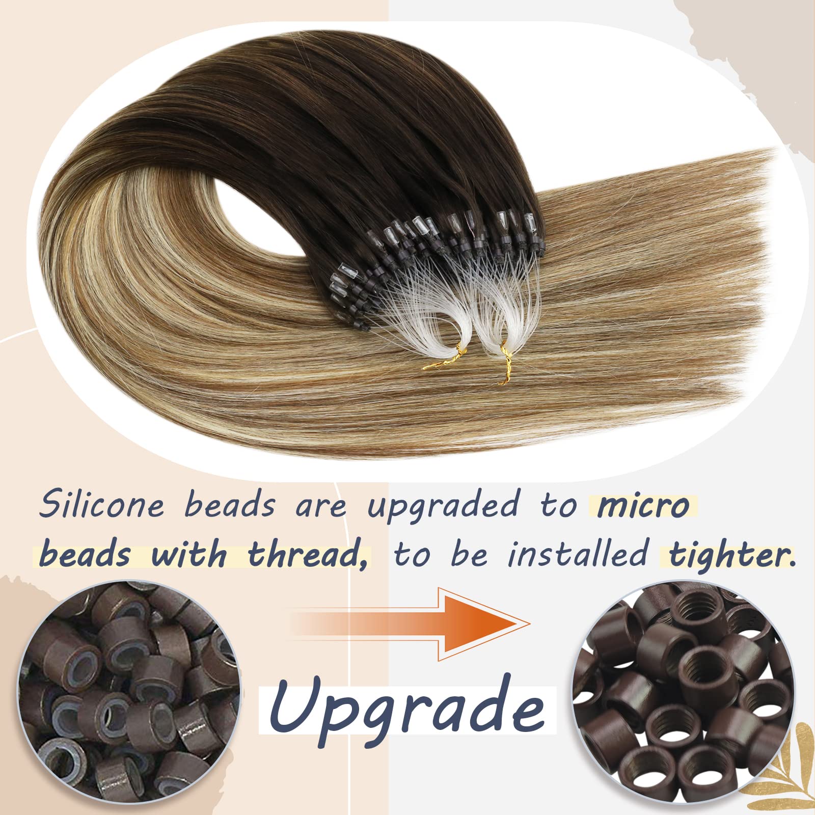 Ugeat 16Inch Microlink Hair Extensions Human Hair #4/6/613 Balayage Brown With Blonde Micro Loop Ring Hair Extensions 50Gram 1G/