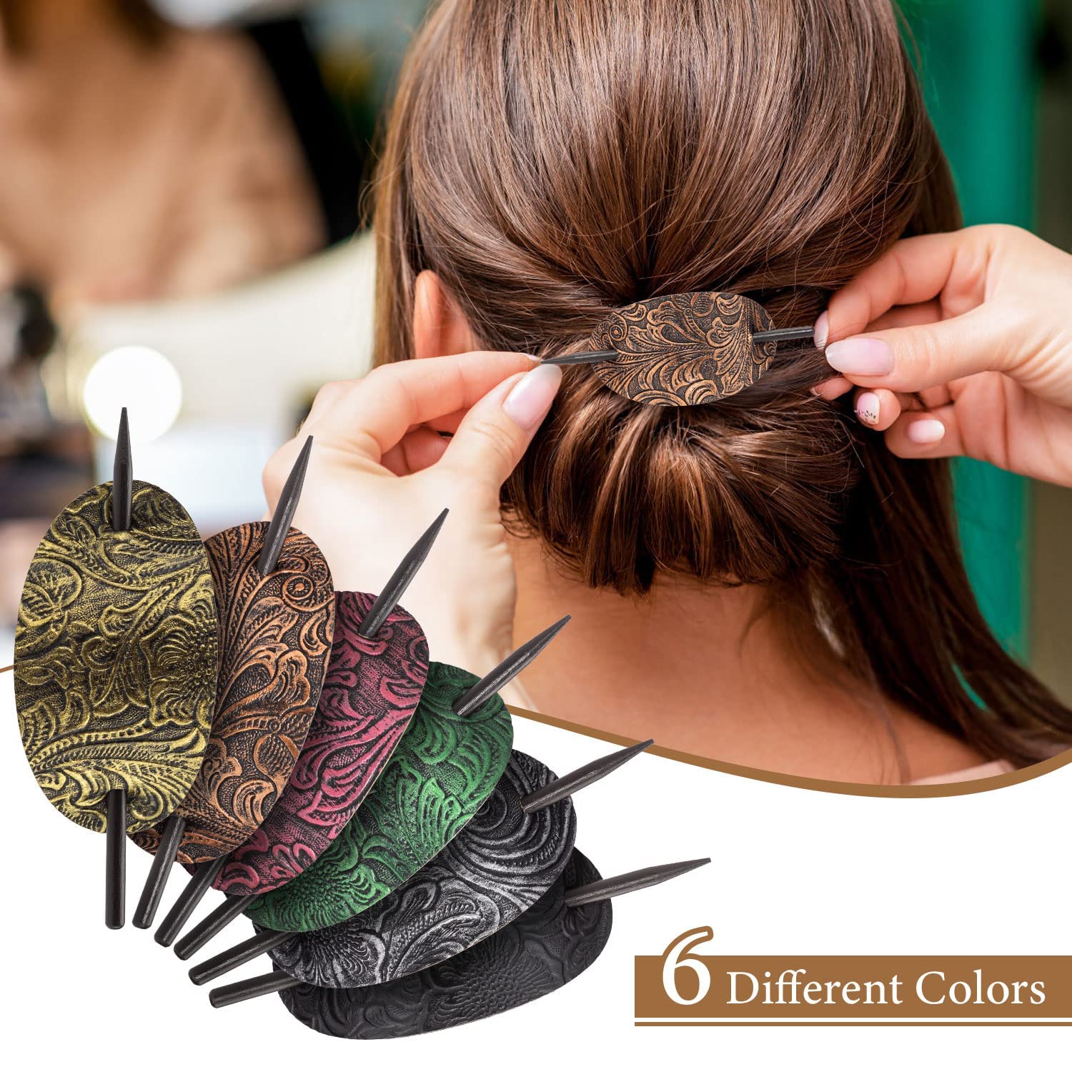 Noverlife Faux Leather Hair Barrettes - 6PCS Oval Clips with Wood Slide Stick for Women & Girls, Bohemian Style