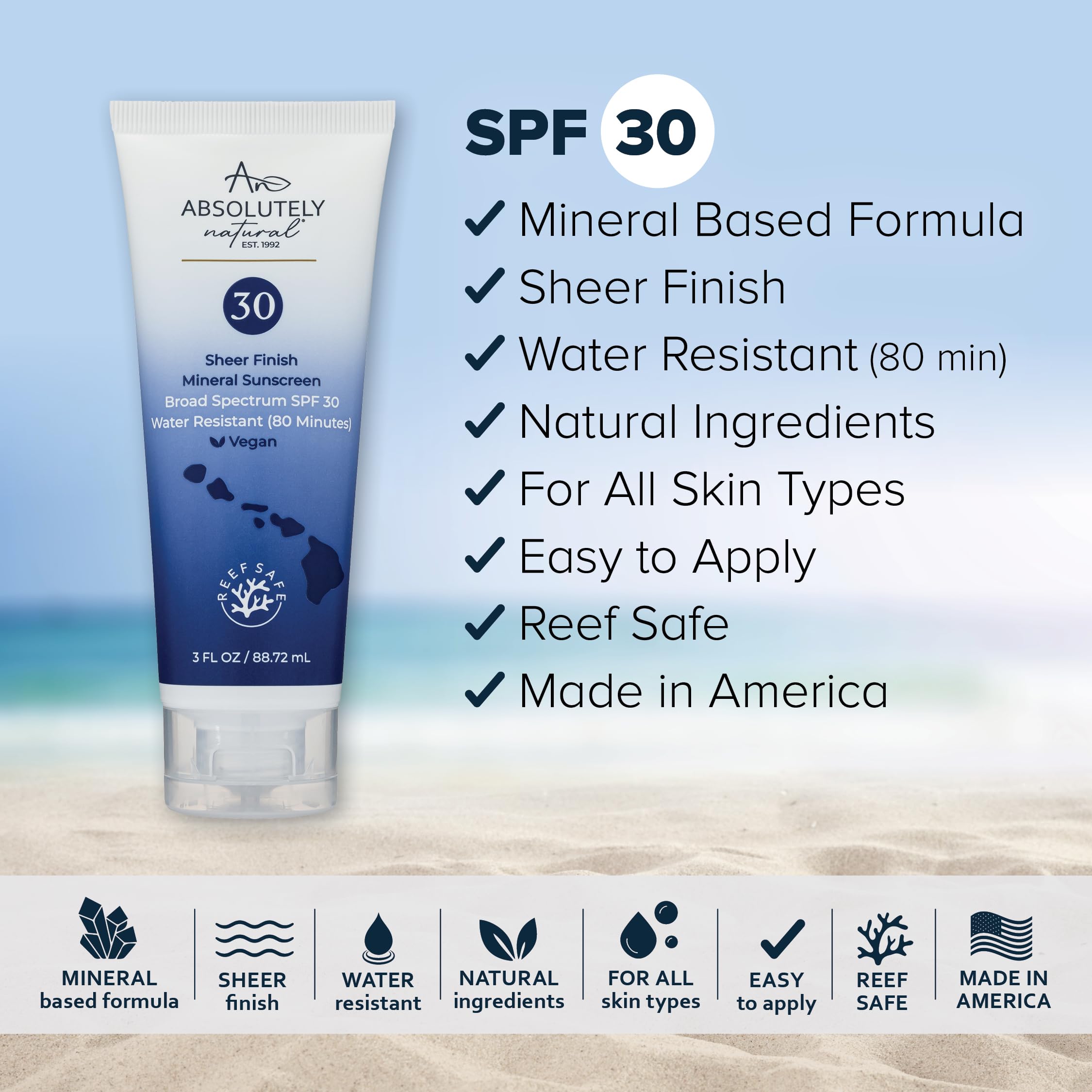 Absolutely Natural - Spf 30 Mineral Sunscreen - Broad Spectrum Water Resistant Moisturizer Lotion For Body & Face - With Non-Nan