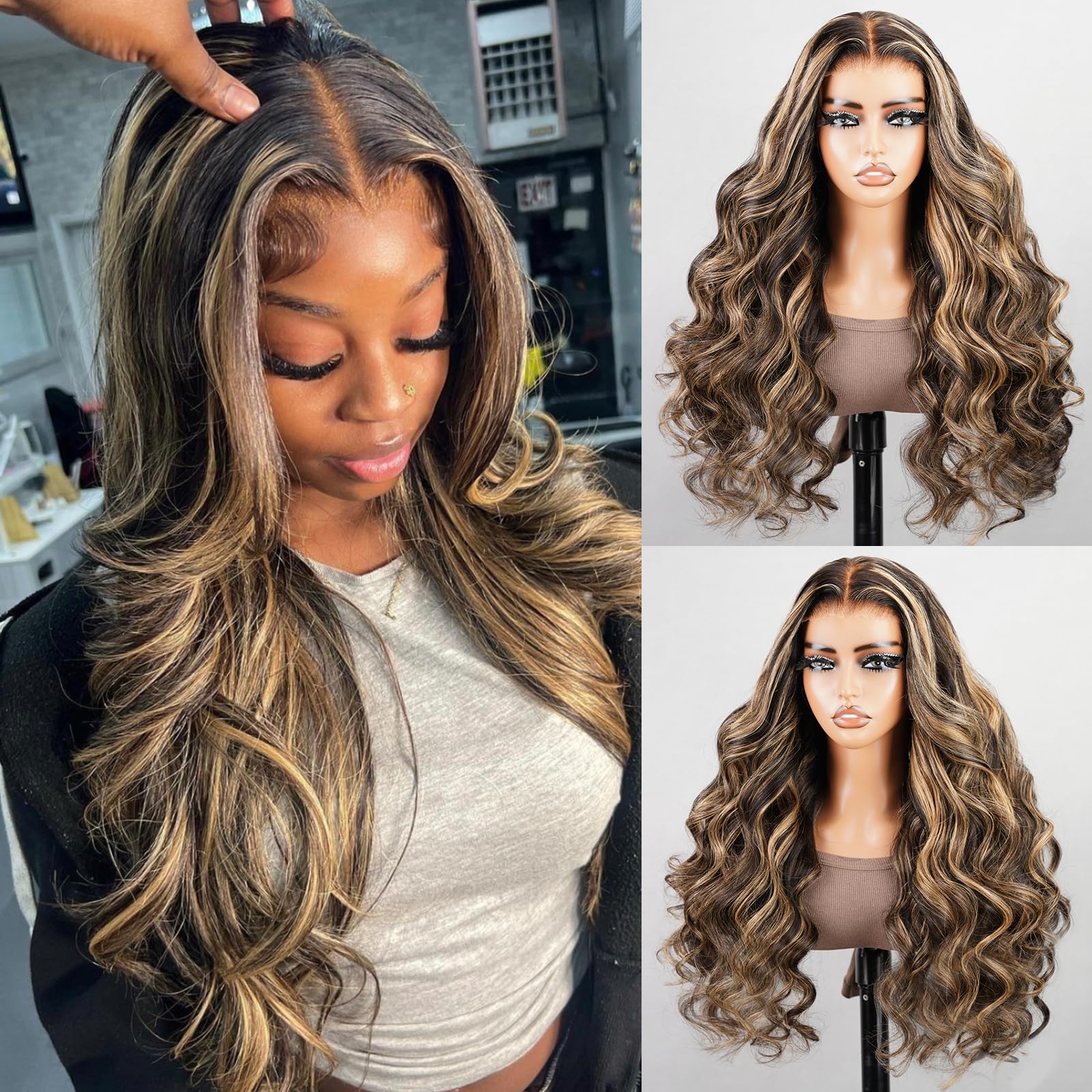SUPERLOOK Balayage Highlight Lace Front Wig Human Hair Ombre Lace Front Wigs Human Hair Wear and Go Glueless Wig Pre Plucked 12A