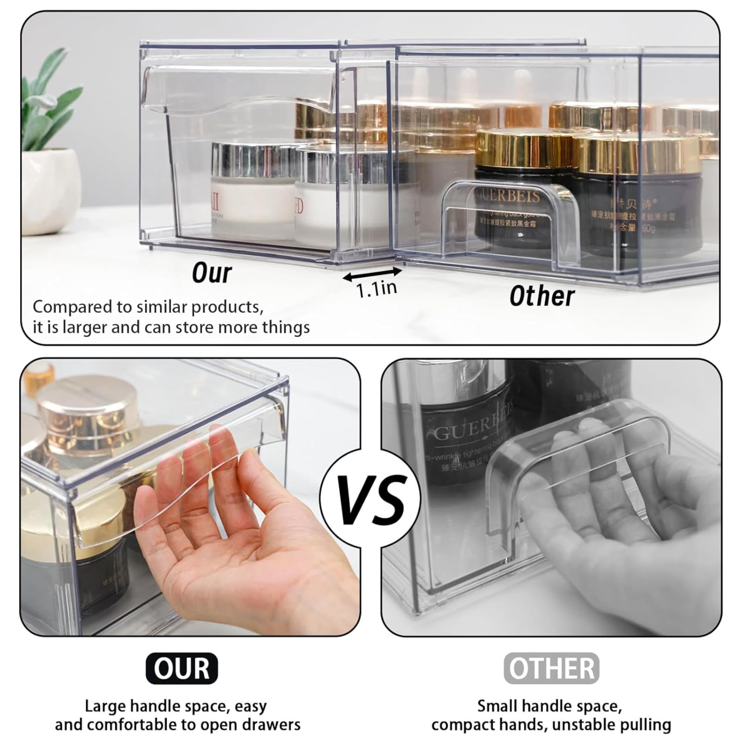 4 Pack Clear Stackable Storage Drawers,12W Large Bathroom Makeup Organizer and Pen,Sunglass,Medicine,Baby Bottle Organizer,Plast