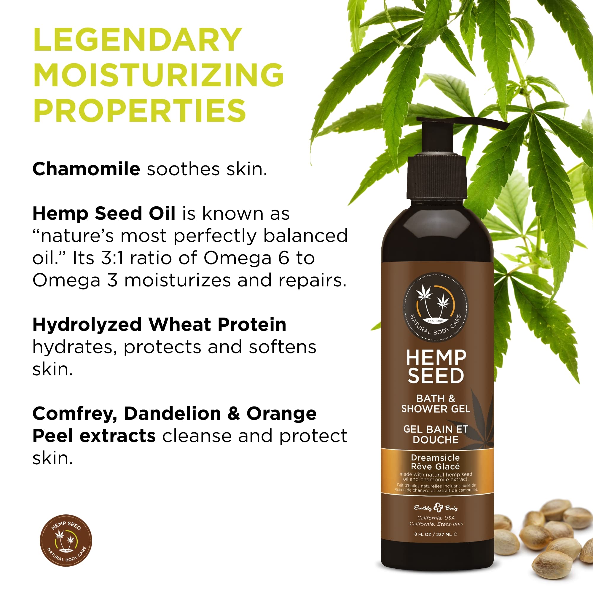 Earthly Body Hemp Seed Bath & Shower Gel, Dreamsicle Scent - 8 Oz - Moisturizing Formula With Hemp Seed Oil, Chamomile & Hydroly