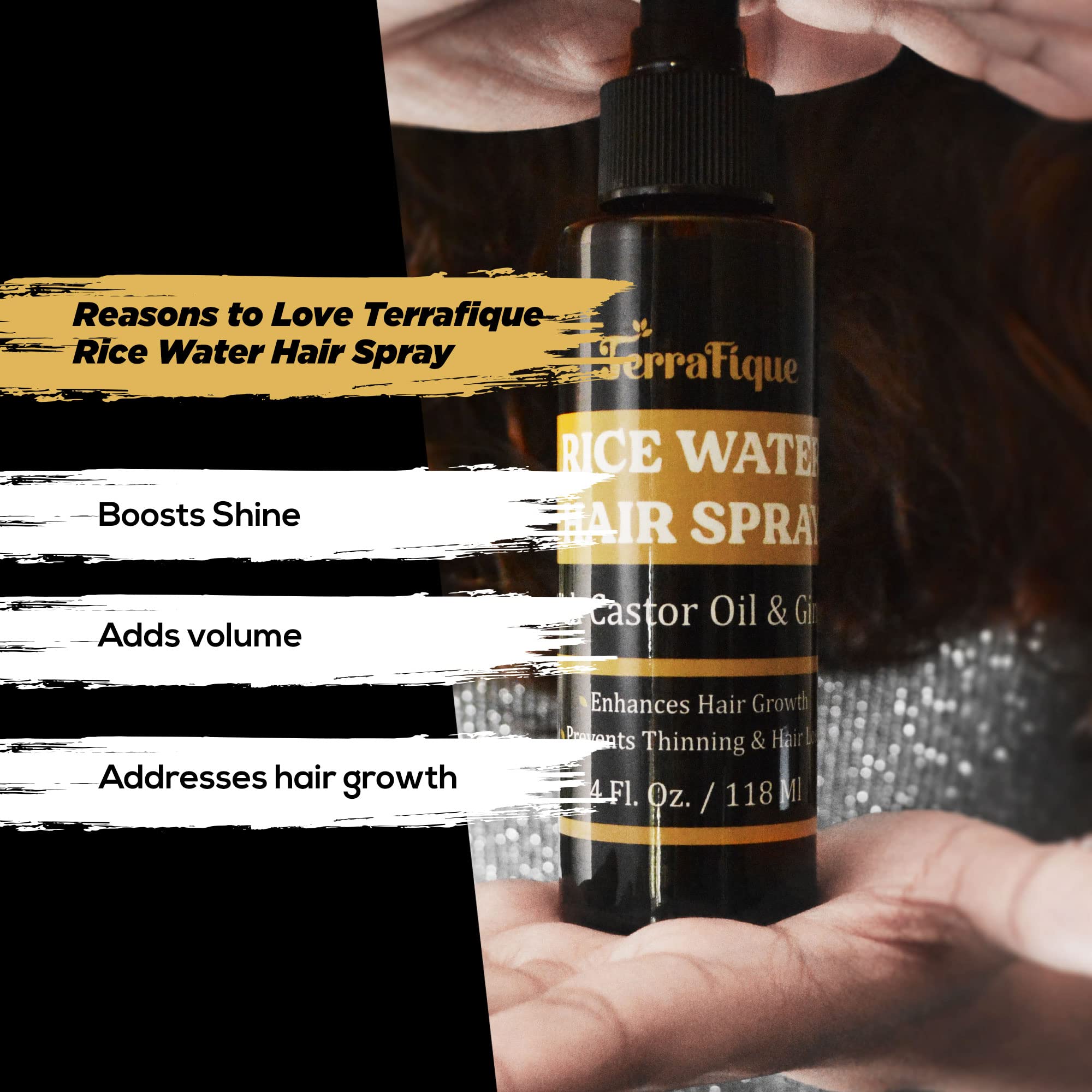 TERRAFIQUE Rice Water Hair Shine Spray for Women - Leave-In Conditioner with Castor & Ginger for Hair Growth, All Hair Types - 4