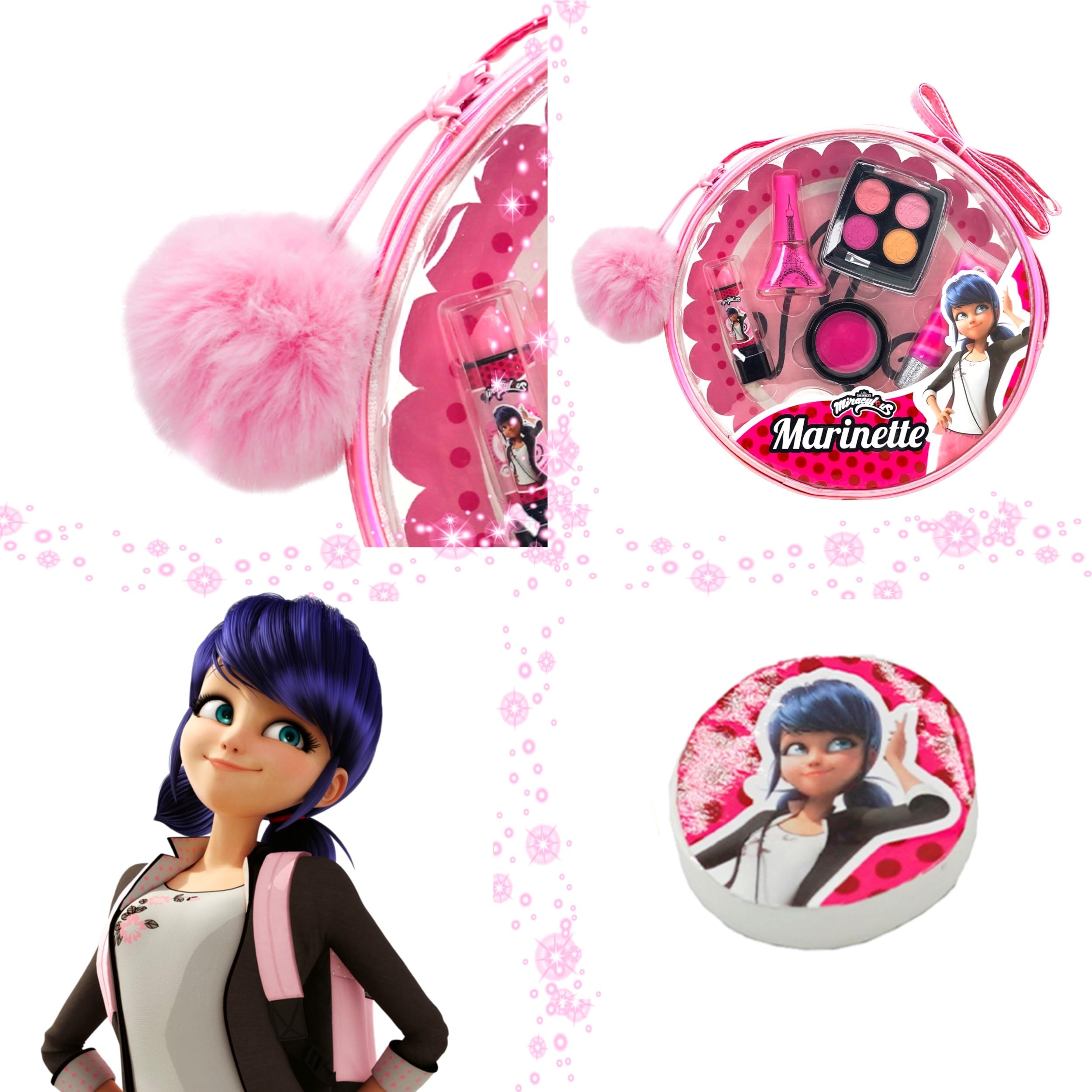 Miraculous Ladybug Kids Makeup Set - 10 Piece Bag with Nail Polish, Hair Chalk, Stickers & More, Curated Gift Sets - Safe, Non-T