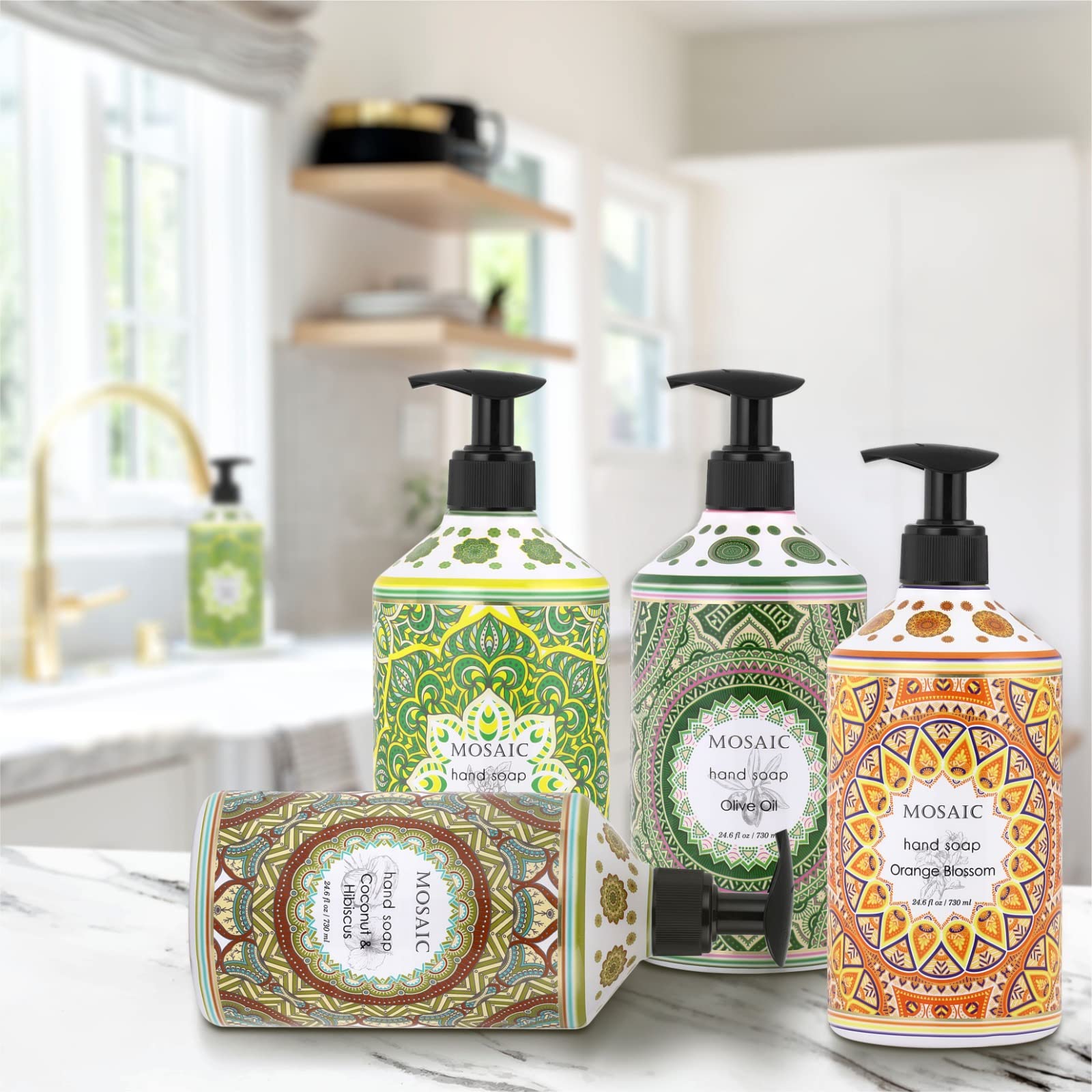 Mosaic Liquid Hand Soap  Hand Wash Gift Set, Ideal Bathroom Hand Soap And Kitchen Hand Soap Set , Olive Oil + Coconut & Hibiscus