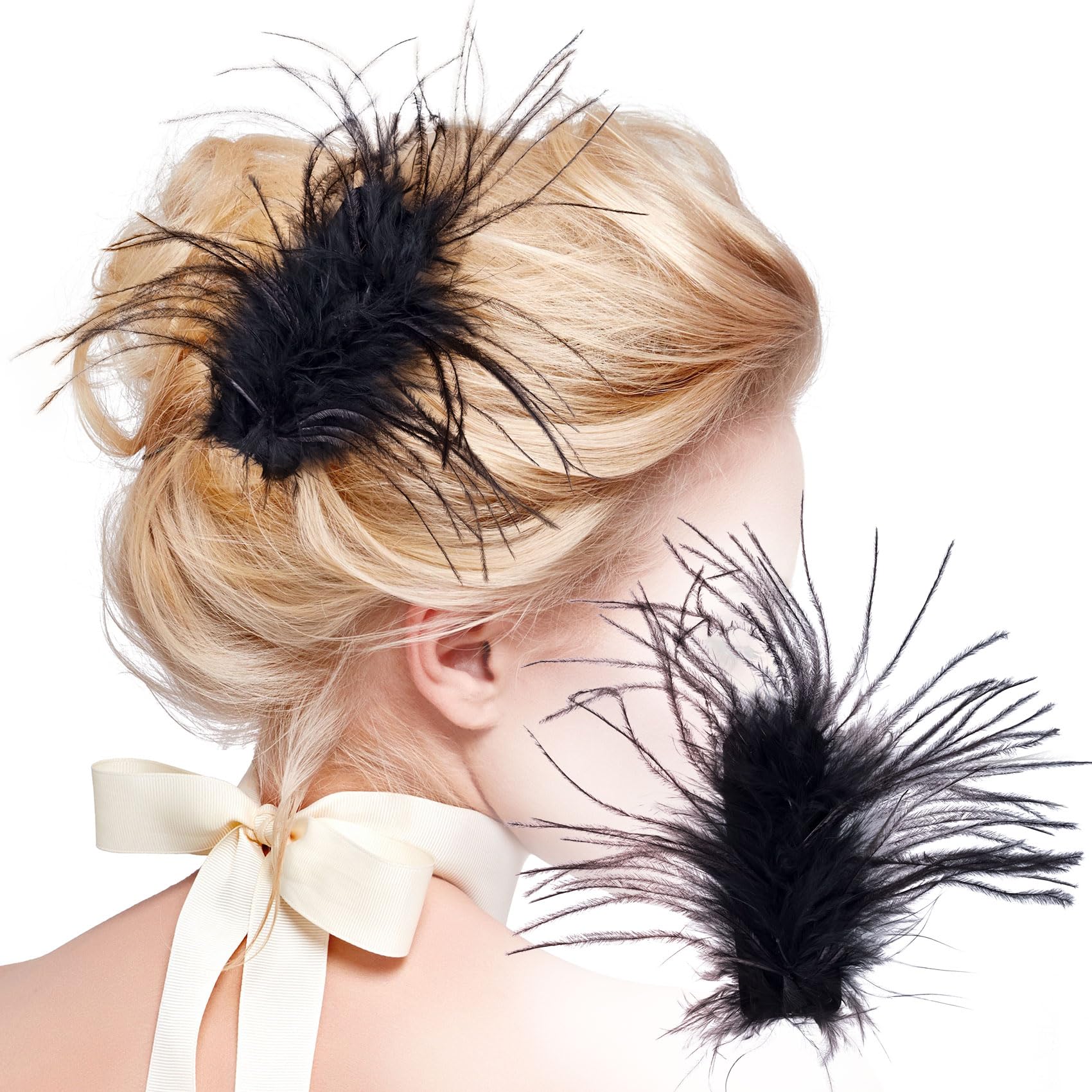 OIIKI Black Ostrich Hair Clip, Feather Hairgrip Retro Hair Jewelry Accessories for Women Bride Party Festival Valentine Wedding 
