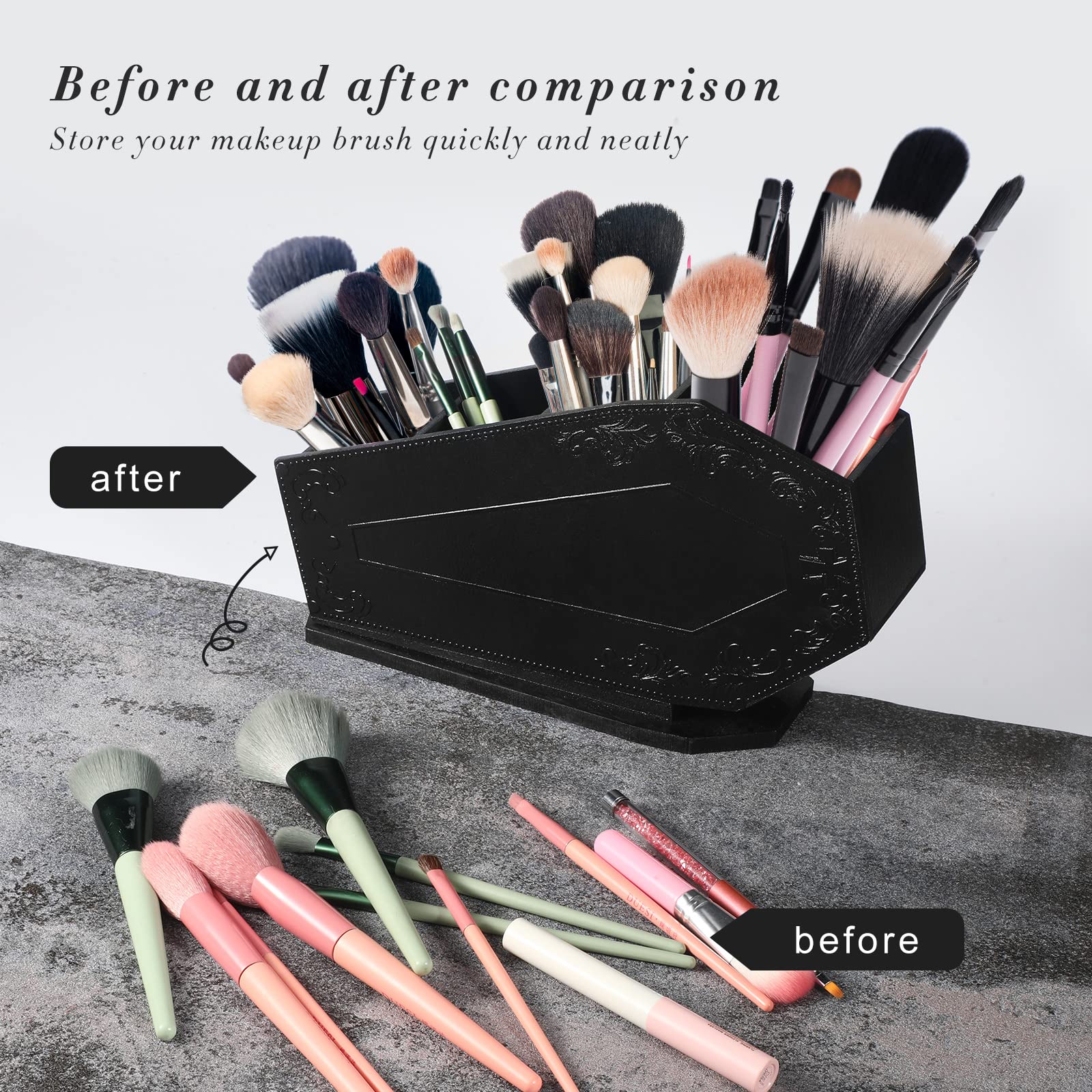 Maitys Coffin Makeup Brush Holder Gothic Wooden Organizer Spooky Coffin Case Gifts For Women Cosmetic Display Cases Spooky Home