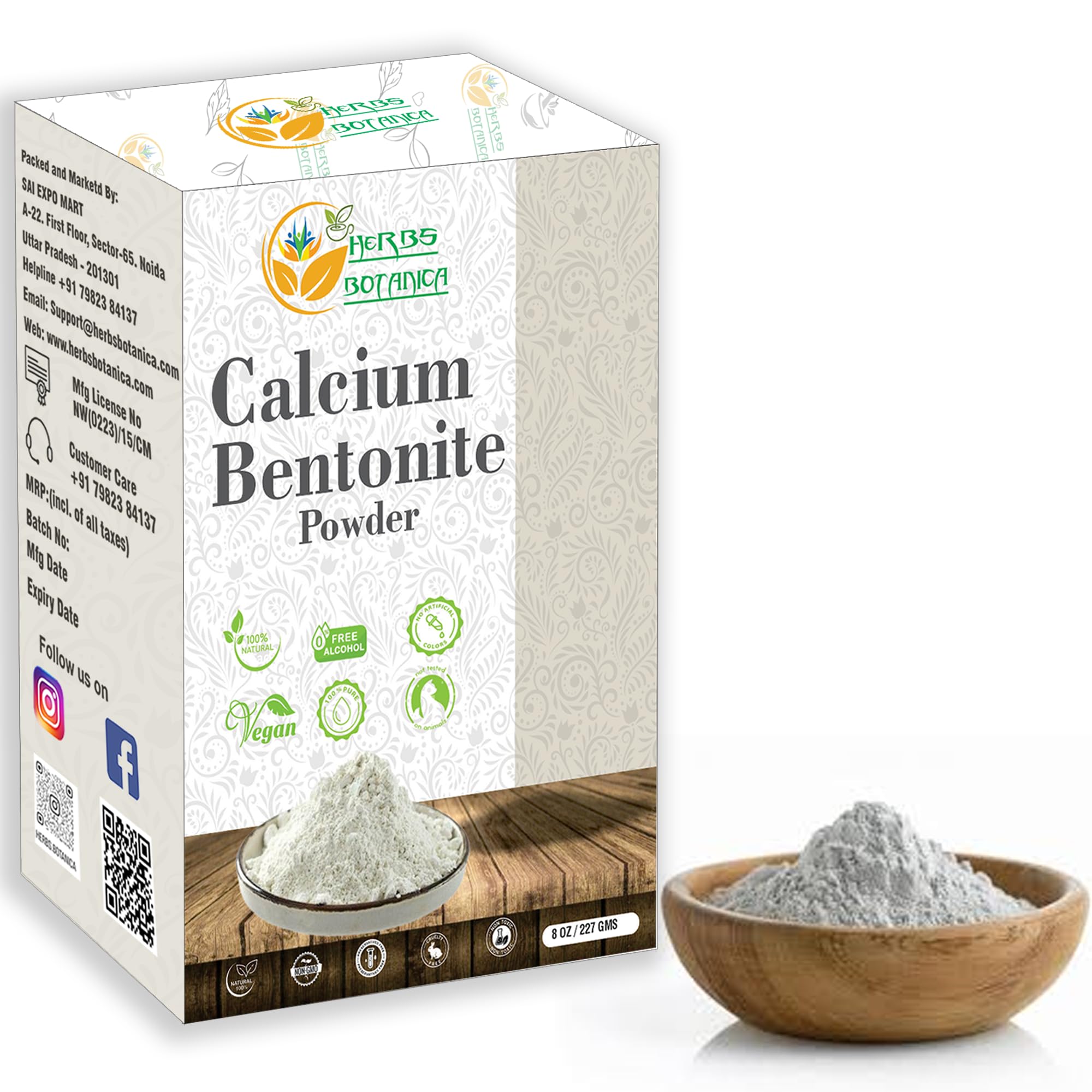 Herbs Botanica Calcium Bentonite Clay Food Grade Powder Indian Healing Clay for Face and Body, Detox Body Wrap, Deep Pore Cleans
