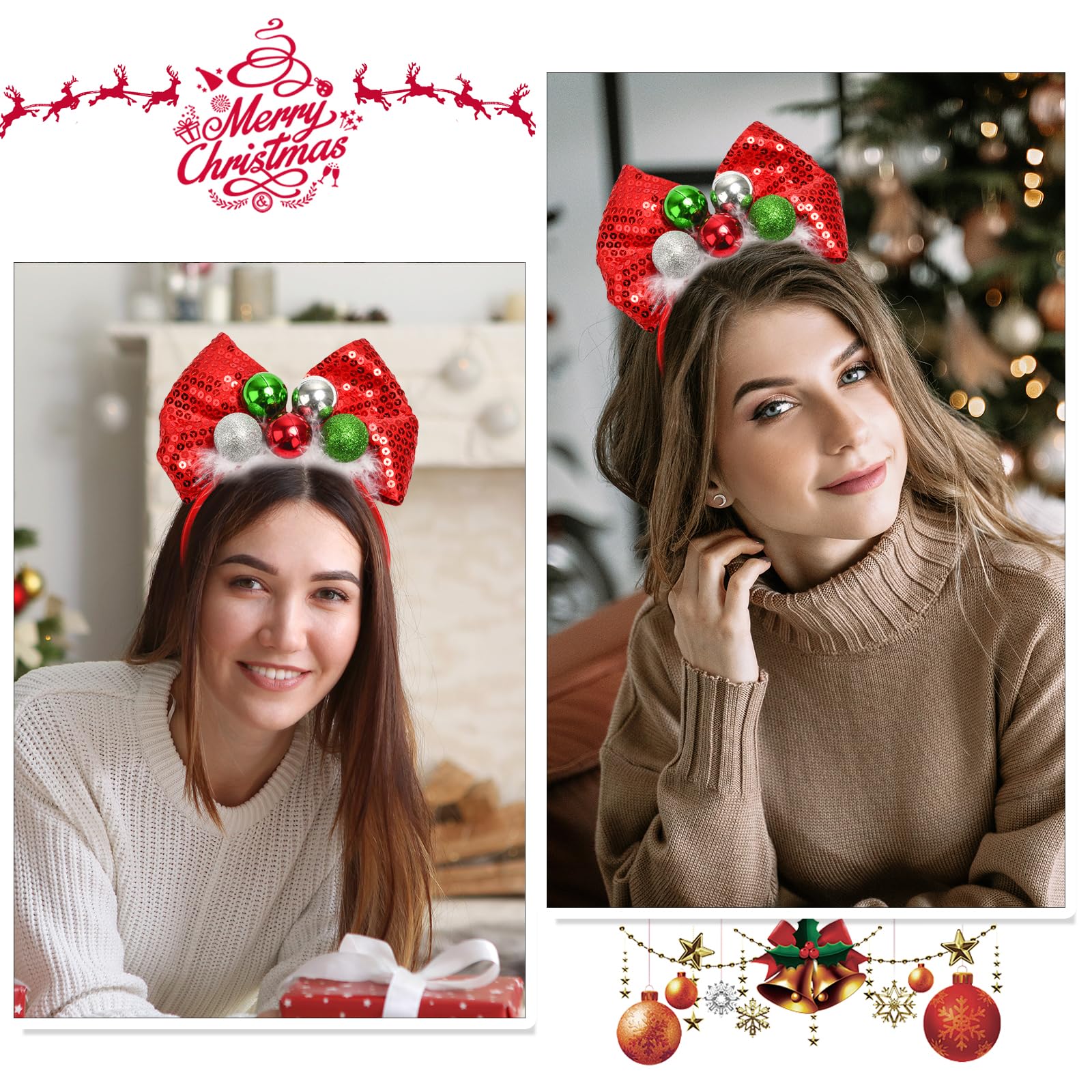 Christmas Headbands for Women Sequin Bows Headband for Girls Cute Headband for Adults Christmas Festive Party Hair Bands Glitter