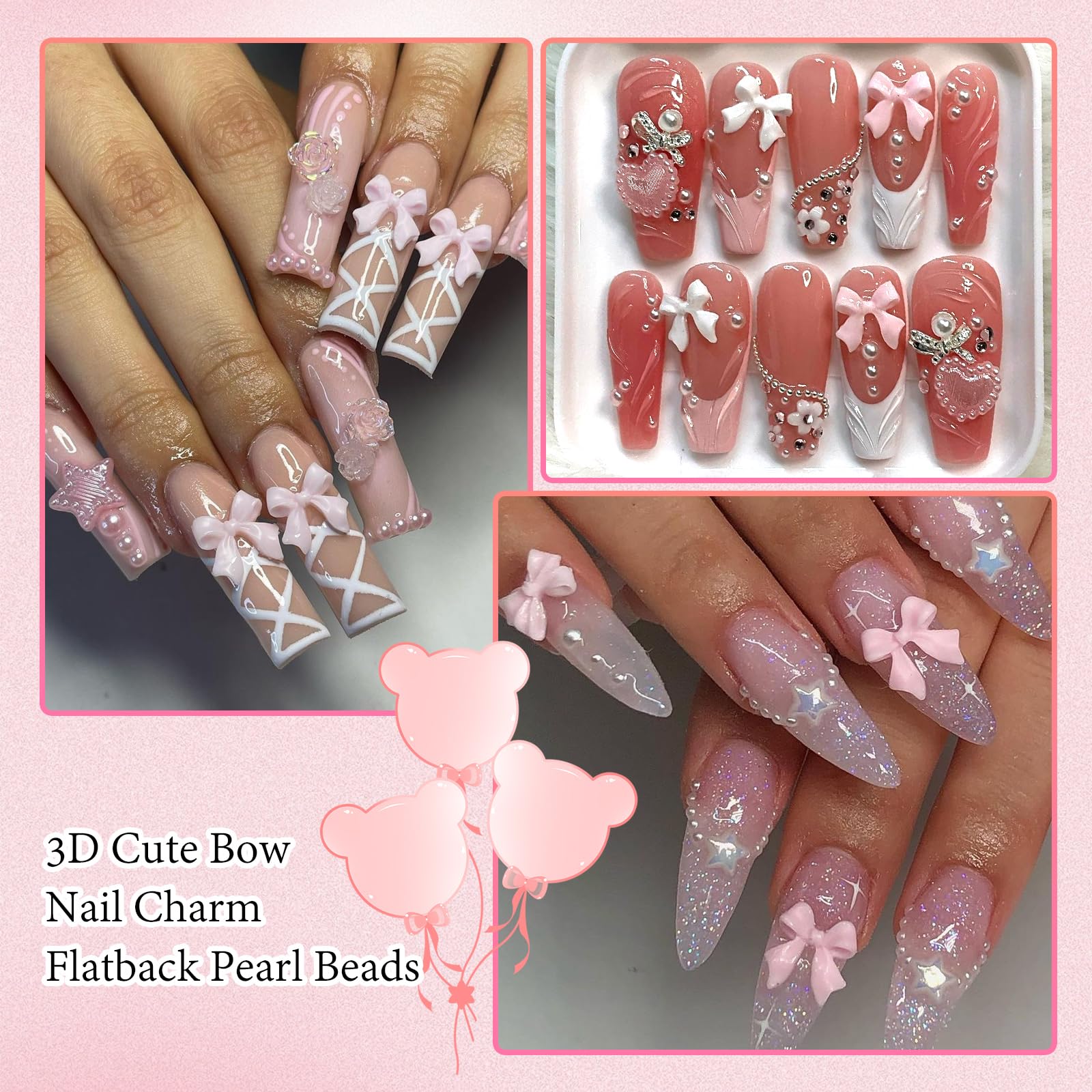 300Pcs Bow Nail Charms And Flatback Pearls,Pink Bowknot 3D Cute Nail Charms For Acrylic Nail Supplies Design,3-5Mm White Half Pe