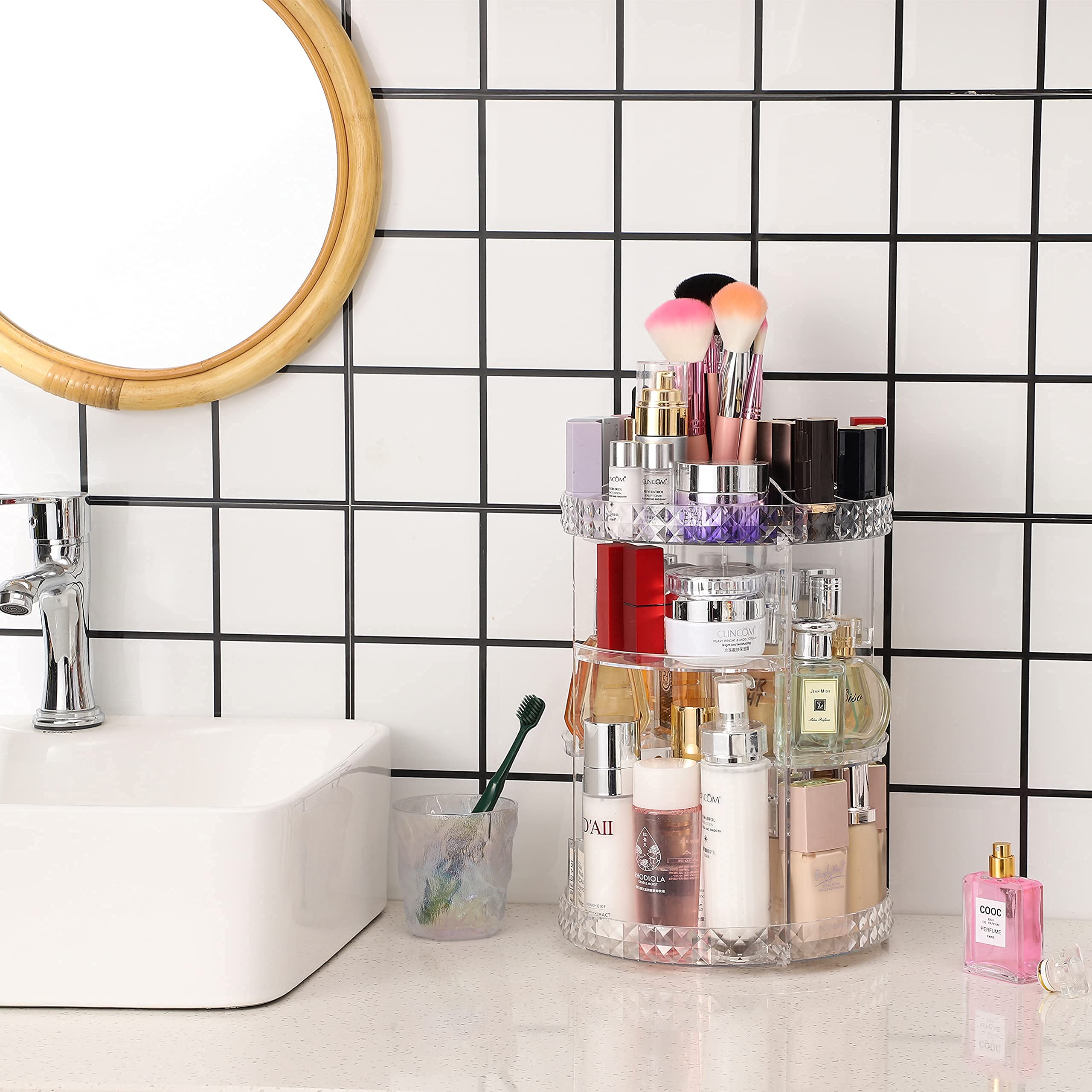 Cq Acrylic 360 Degree Rotating Skin Care Organizer Countertop For Vanit,Adjustable Make Up Holder Height,Clear Plastic Spinning