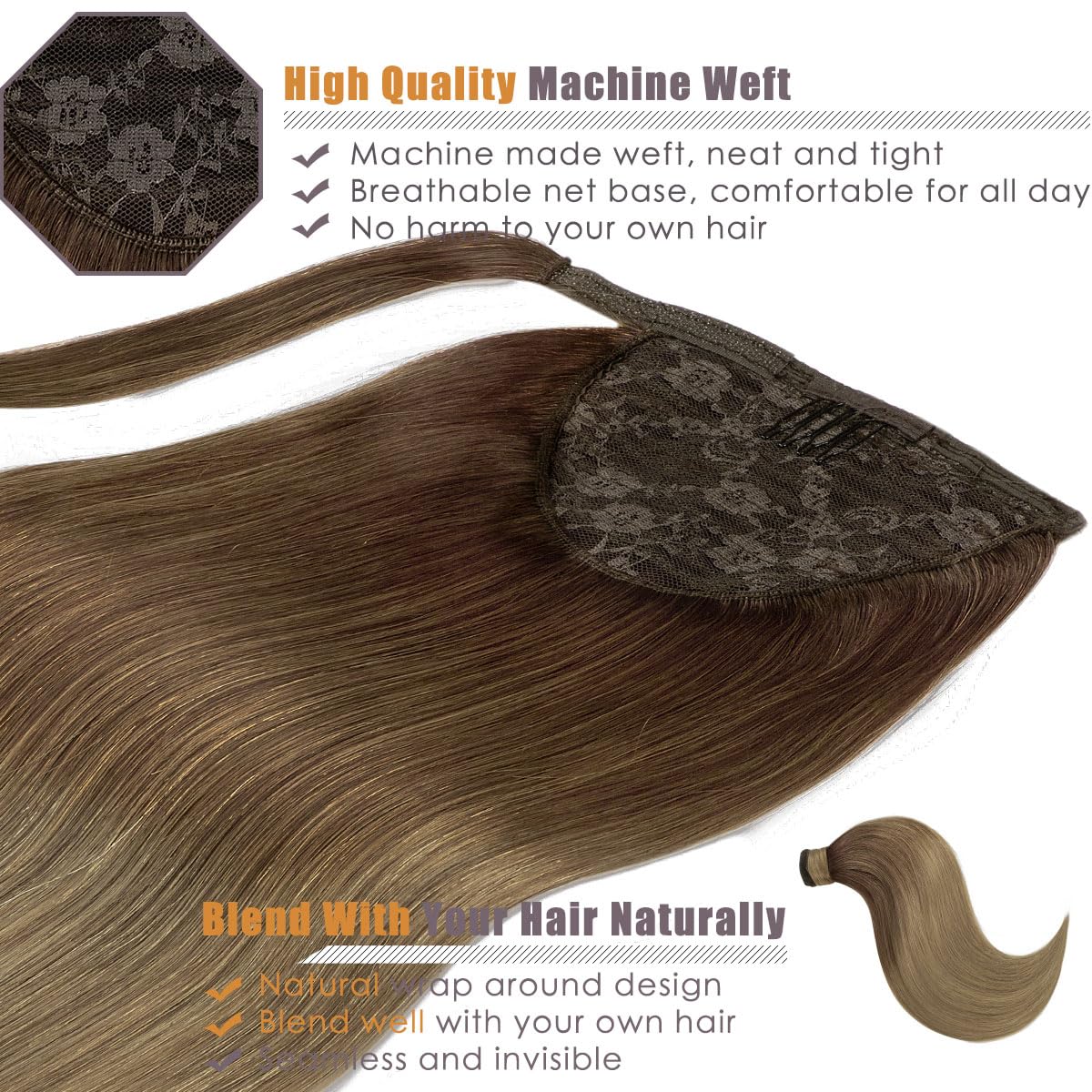 Lacer Remy Human Hair Ponytail Extension Natural Long Straight Wrap Around Ponytail Hair Extension Ombre Dark Brown To Light Bro