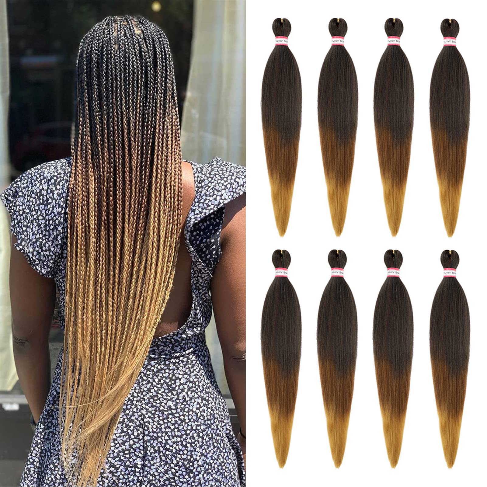 Pre-Stretched Braiding Hair 8 Packs 28 Inch Black To Brown Ombre Braiding Hair Natural Easy Twist Crochet Braids Hot Water Setti
