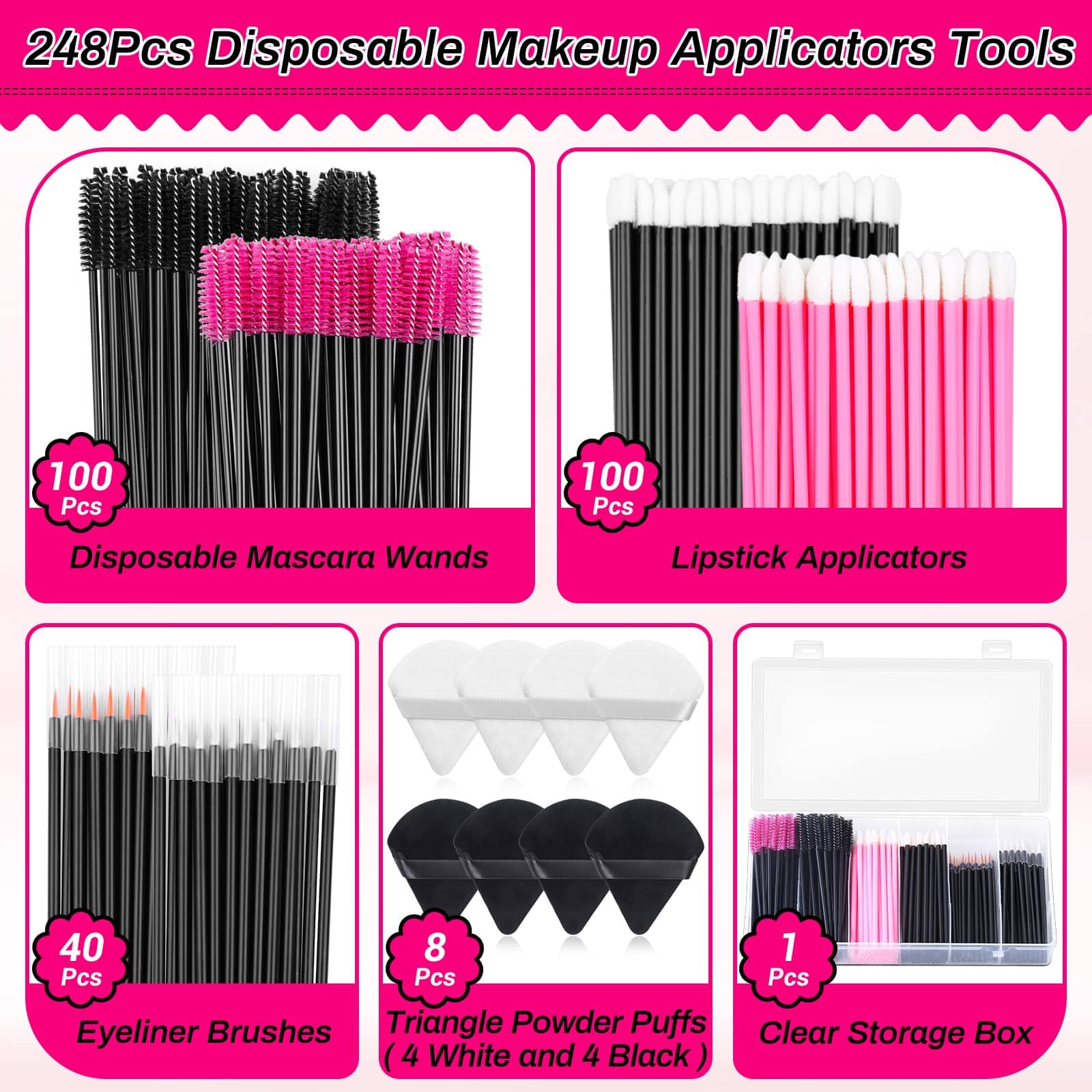 Disposable Makeup Accessories with Makeup Applicators Triangle Makeup Puffs, Mascara wands, Disposable Lip Applicators, liner Br