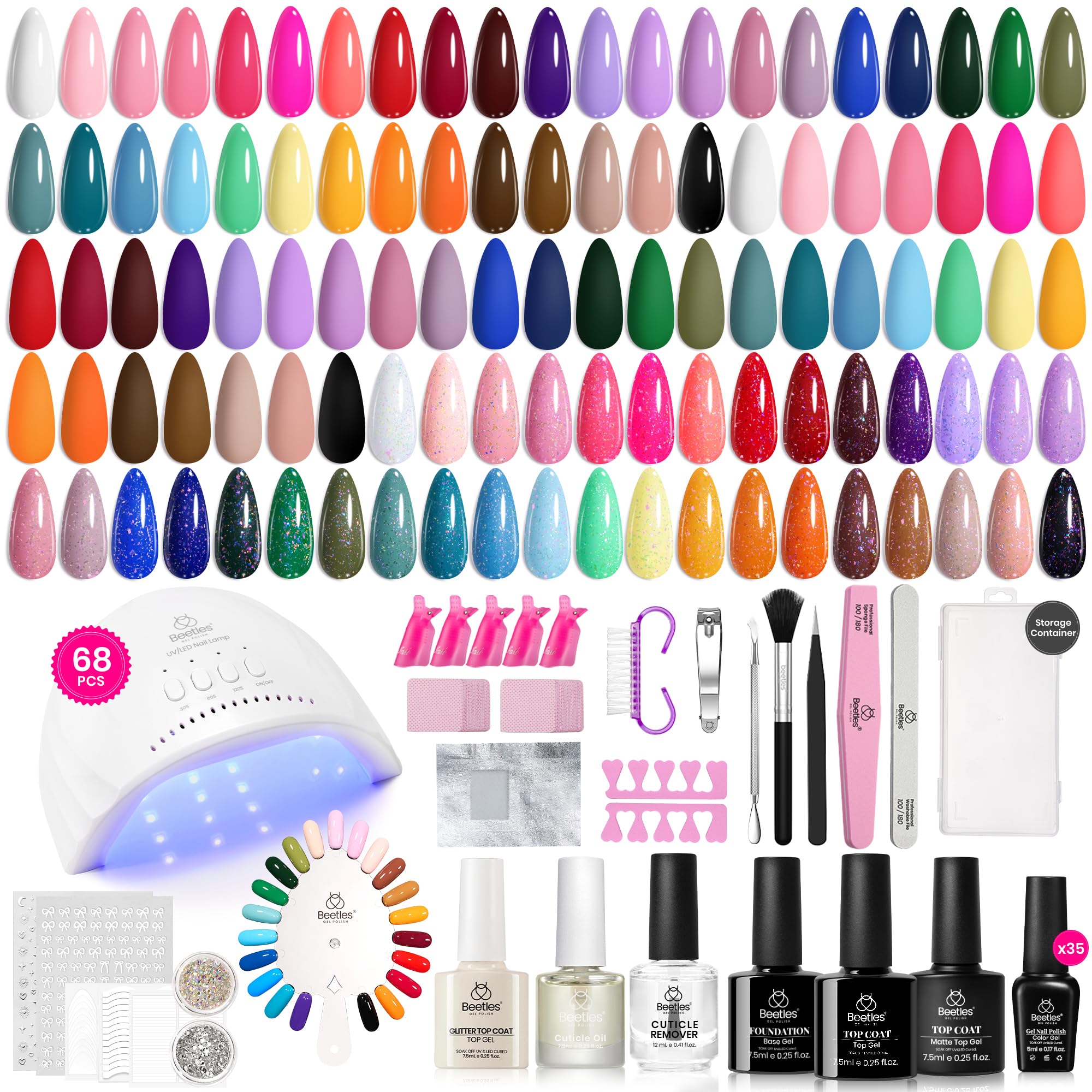 Beetles Gel Nail Polish Kit with U V Light 68 Pcs Emotional Spectrum 35 Colors Gel Polish Nail Kit with Base and Matte&Glossy To