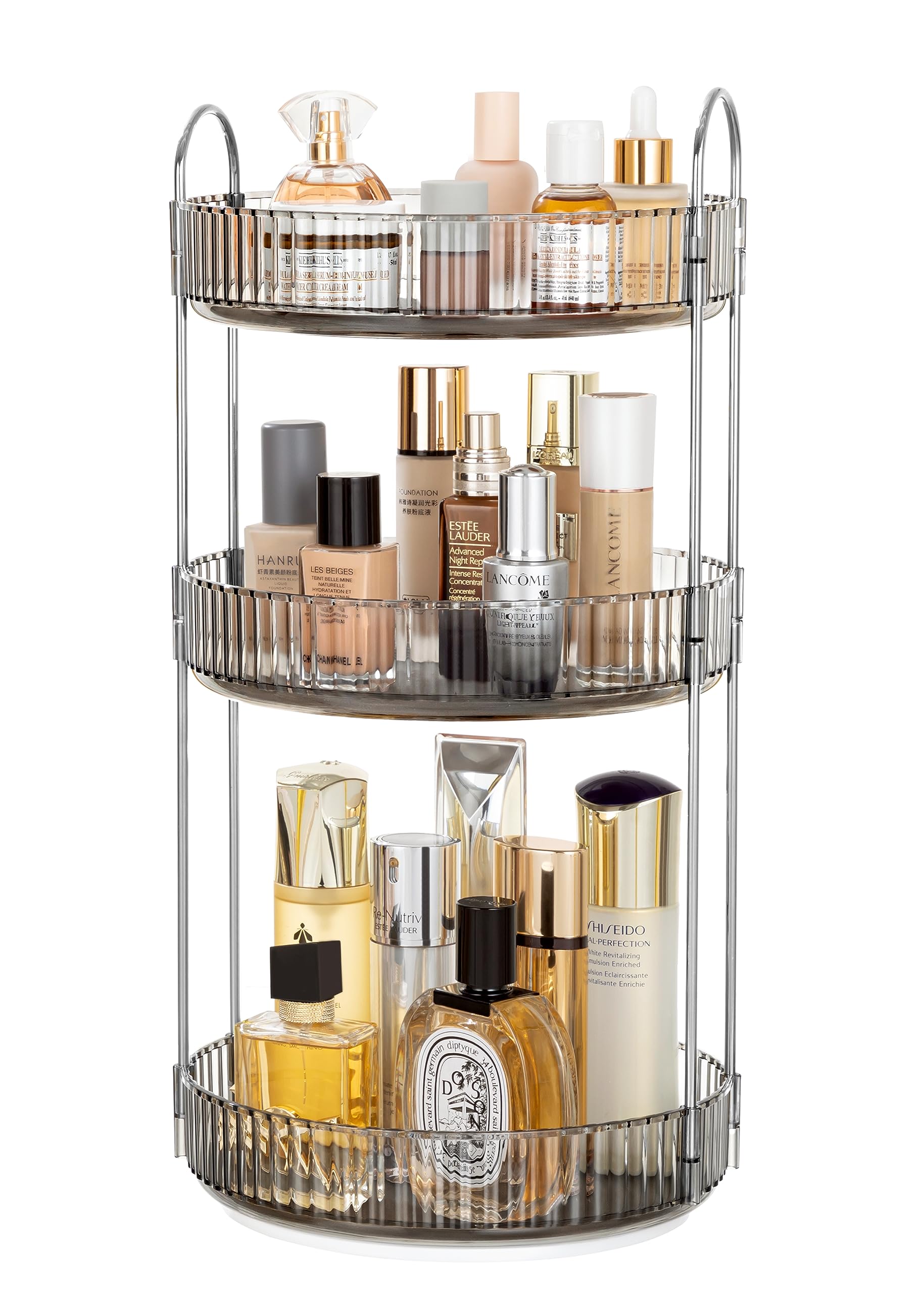 Vorey 360 Rotating Makeup Organizer Clear Gray 3 Tier Bathroom Organizer Spinning Perfume Organizers, Skincare Organizers Dresse