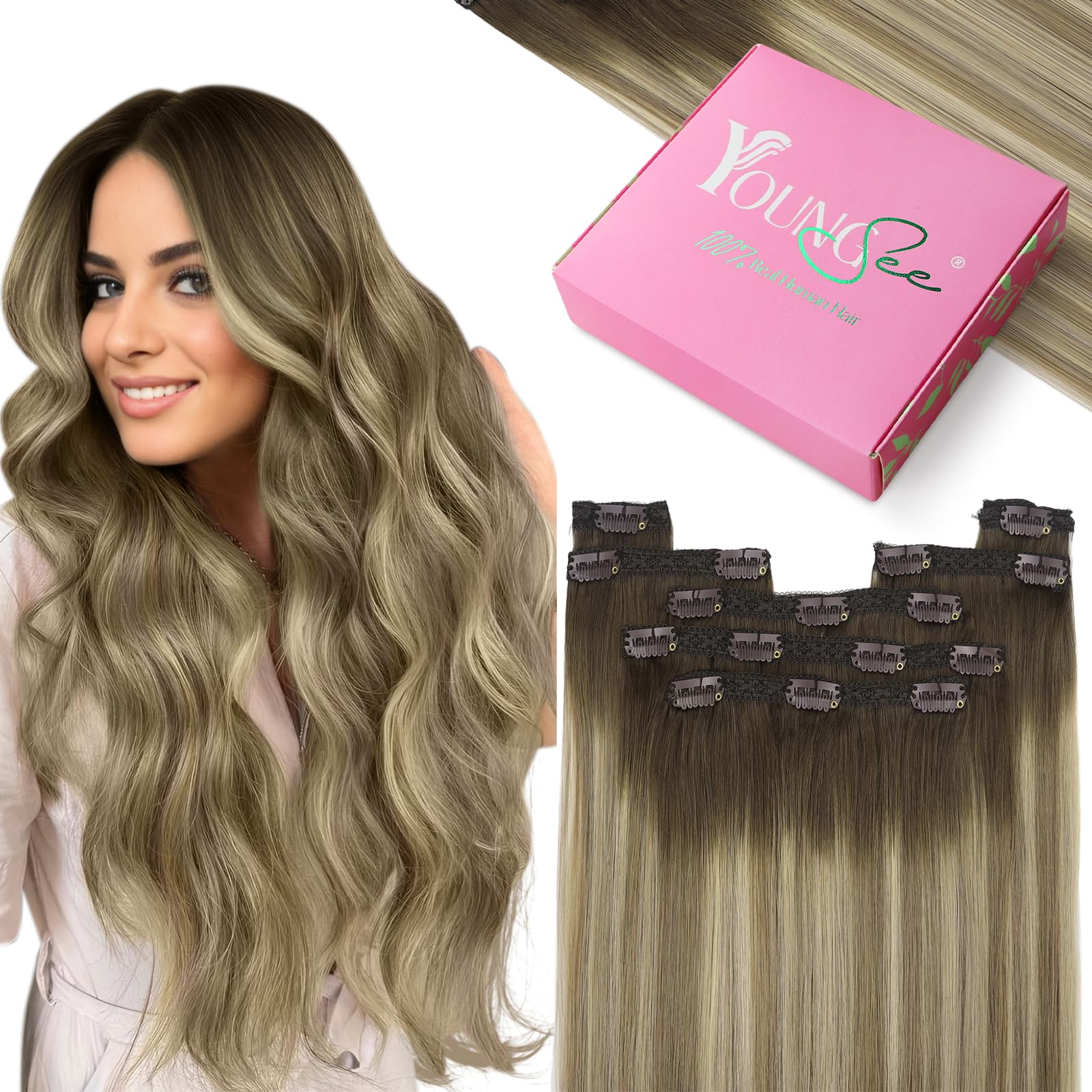 YoungSee 135G Clip in Hair Extensions Human Hair Ombre Brown Clip in Human Hair Extensions Dark Brown Ombre Light Brown with Blo