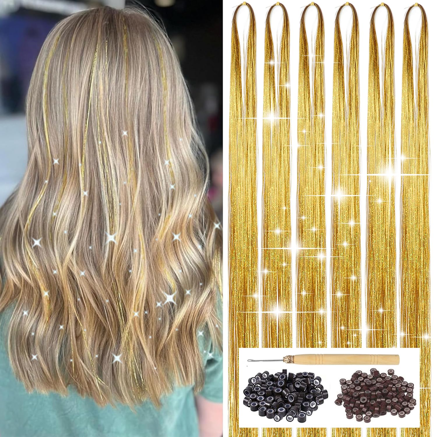 Gold Hair Tinsel Kit with Tool 6pcs 1200 Strands Glitter Tinsel Hair Extensions Heat Resistant Sparkling Shiny Fairy Hair Access