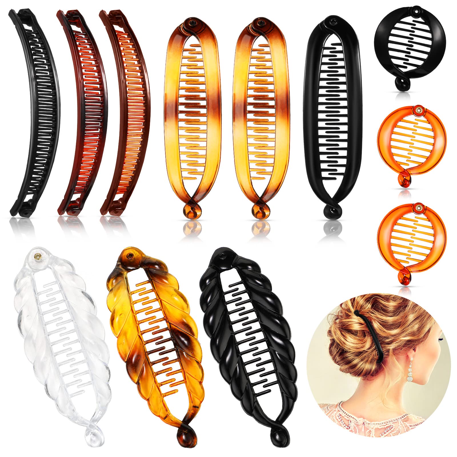 12 Pieces Hair Clips & Combs Set for Women & Girls - Classic Clincher Double Comb, Large Fishtail Ponytail Holder, 4 Styles (Mul