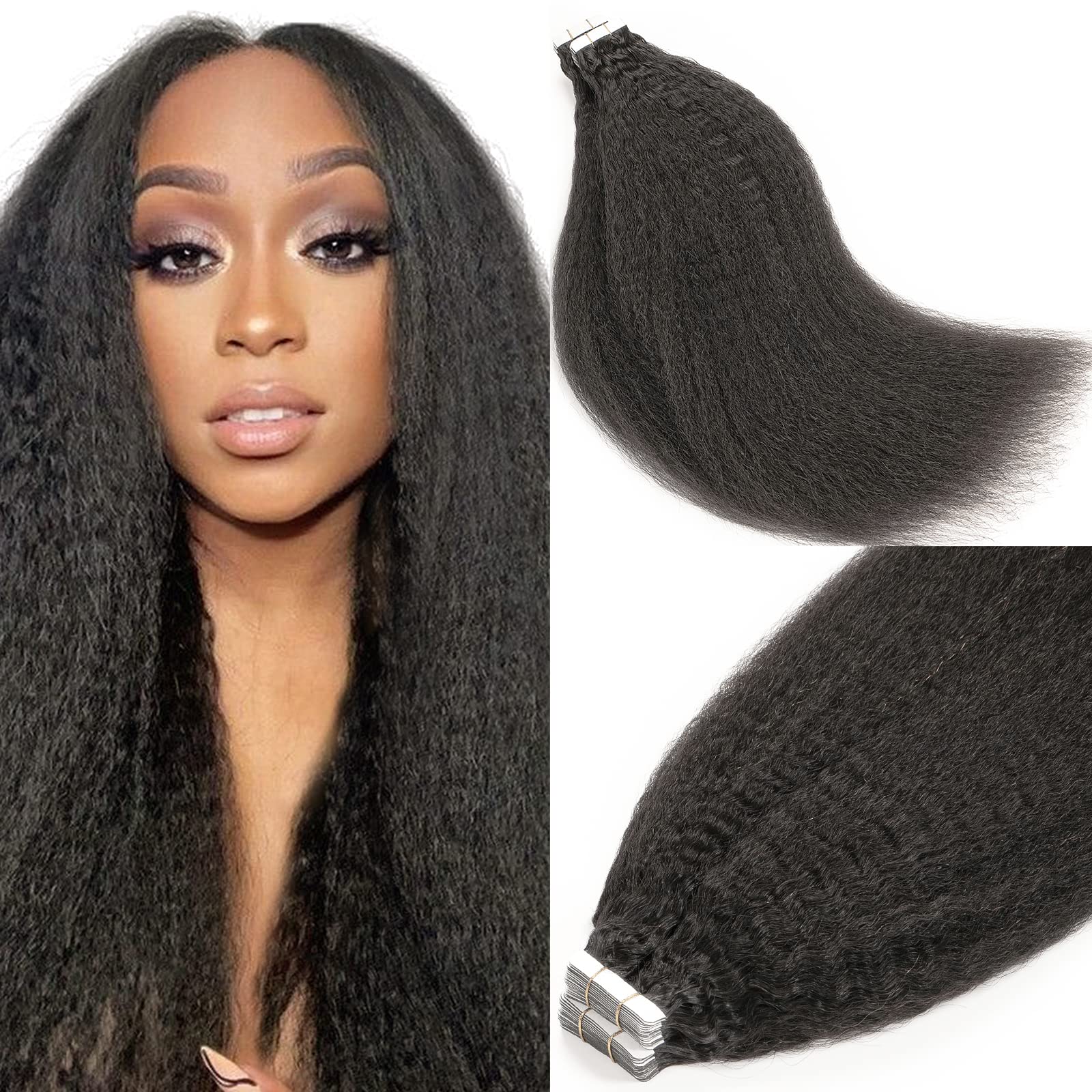 Lacer Best Kinky Straight Tape In Hair Extensions Human Hair Natural Black 16Inch Tape Ins Human Hair 4C Kinky Straight Soft Sea
