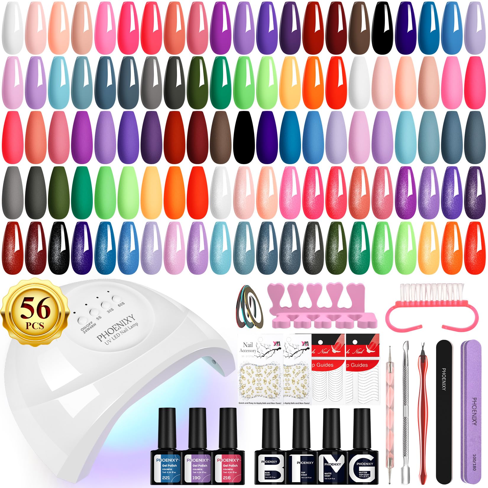 PHOENIXY Gel Nail Polish Kit with U V Light 48W, 56 Pcs 108 Effect Gel Nail Polish Set Base Glitter Top Coat Gel Nail Kit Manicu