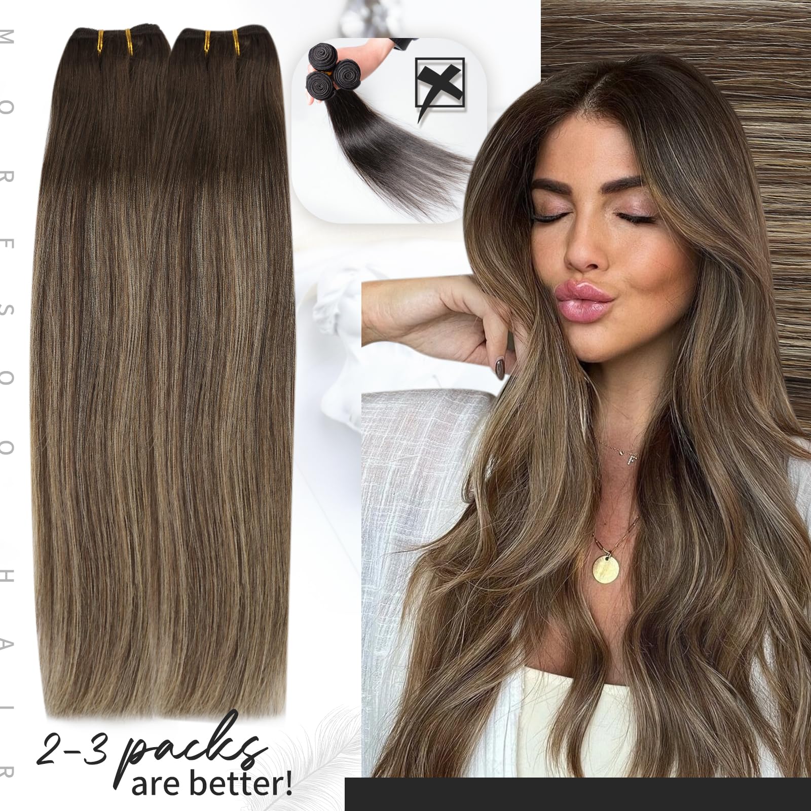 Moresoo Human Hair Weft Extensions Balayage Double Weft Sew In Hair Extensions Real Human Hair Ombre Dark Brown Mixed With Caram