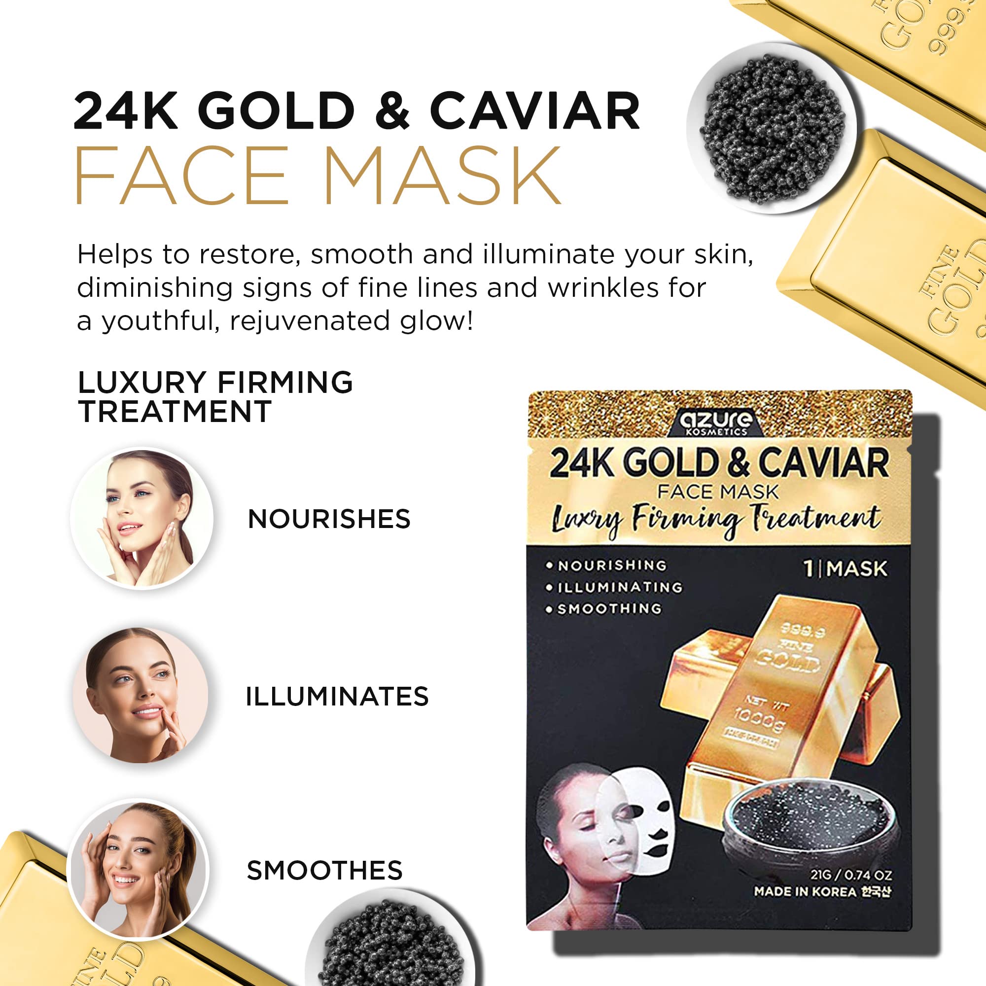 AZURE 24K Gold and Caviar Anti Aging Luxury Face Mask - Hydrating & Firming Facial Mask - Helps Reduce Wrinkles & Fine Lines - W