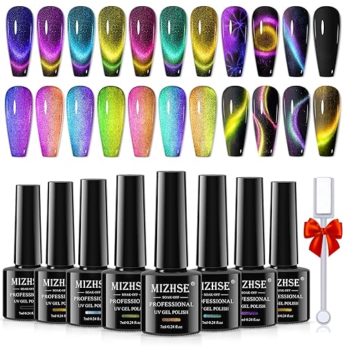 Mizhse 9D Cat Eye Gel Nail Polish, 8 Colors Upgraded Magnetic Gel Polish Kit With Magnet Stick, Galaxy Chameleon Effect Silky Ca