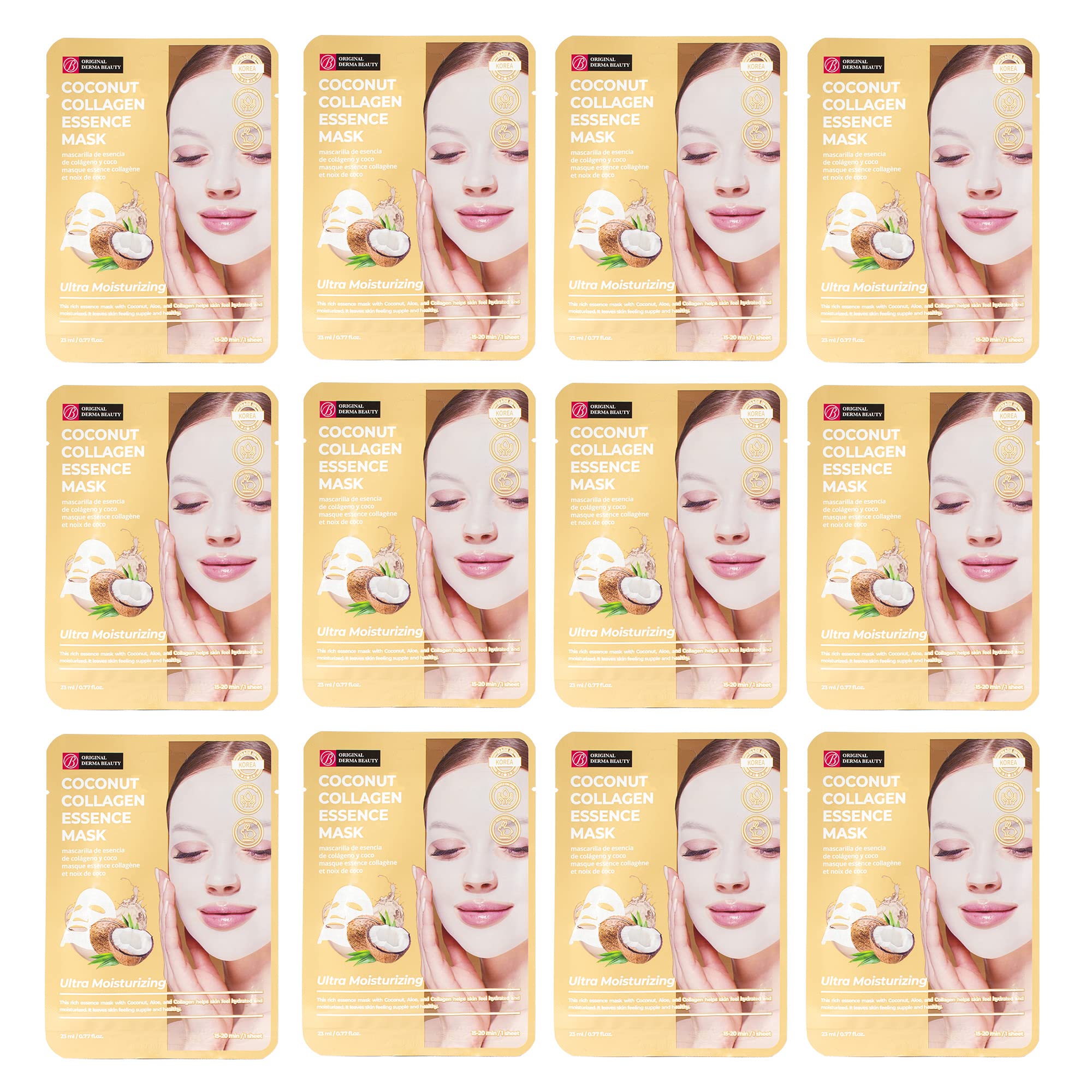 Innerest Original Derma Beauty Collagen Face Masks Skincare - 12 Pk Ultra Moisturizing Coconut Face Mask Skin Care Sheet Masks S