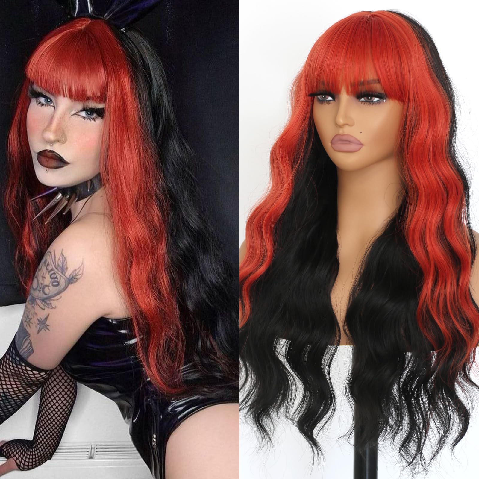 EVLYNN Red and Black Wig With Bangs Long Curly Wavy Hair Natural Synthetic Wigs Half red and black wigs Cosplay Party for Women