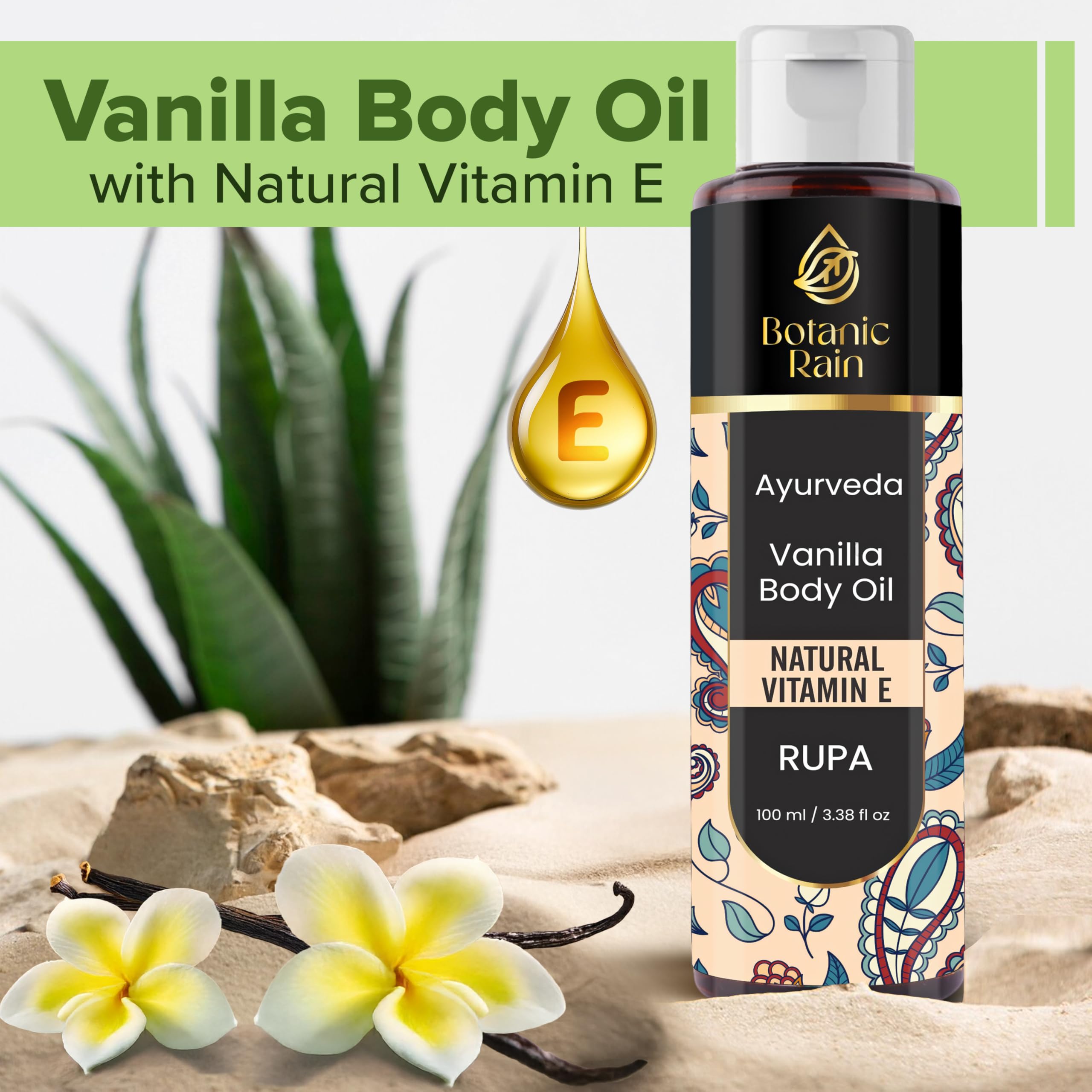 Botanic Rain Ayurveda Vanilla Body Oil, Moisturizing & Hydrating Organic Vitamin E Oil, Body Oil For Women After Shower, Ayurved