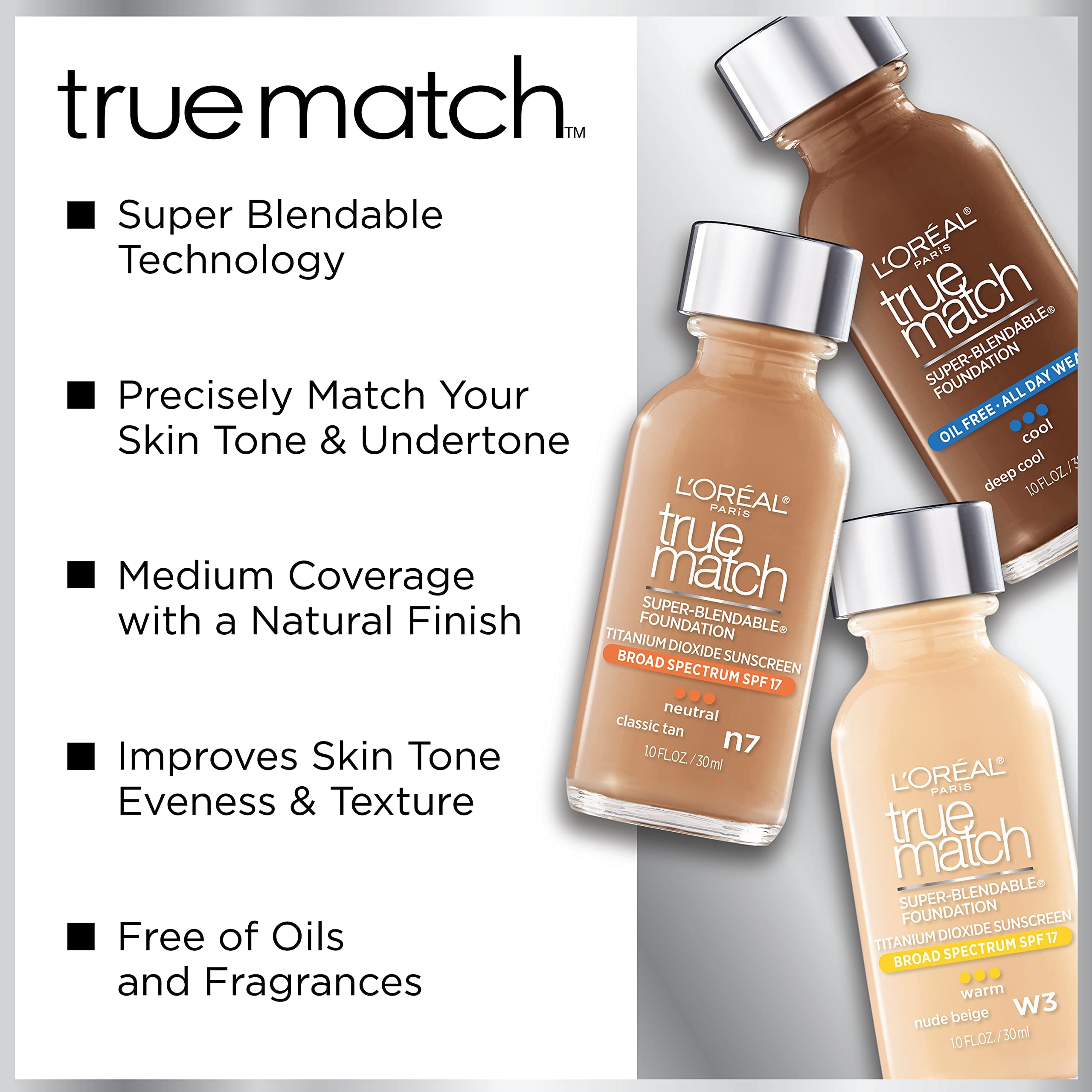 L'Oreal Paris Makeup True Match Super-Blendable Liquid Foundation, Classic Tan N7, 1 Fl Oz,1 Count