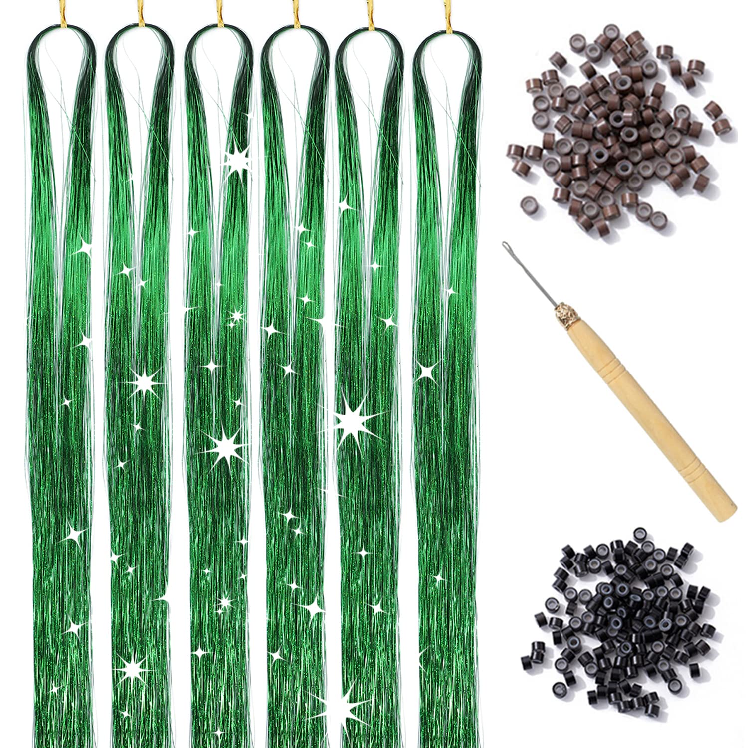 Green Hair Tinsel Kit with Tool 6pcs 1200 Strands Glitter Tinsel Hair Extensions Heat Resistant Sparkling Shiny Fairy Hair Acces