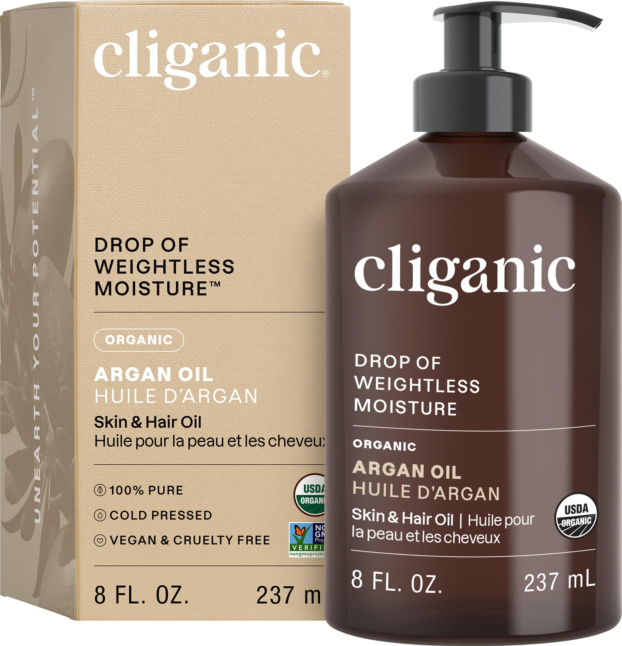 Cliganic Organic Argan Oil 8oz with Pump, 100% Pure  for Hair, Face & Skin (Packaging May Vary)