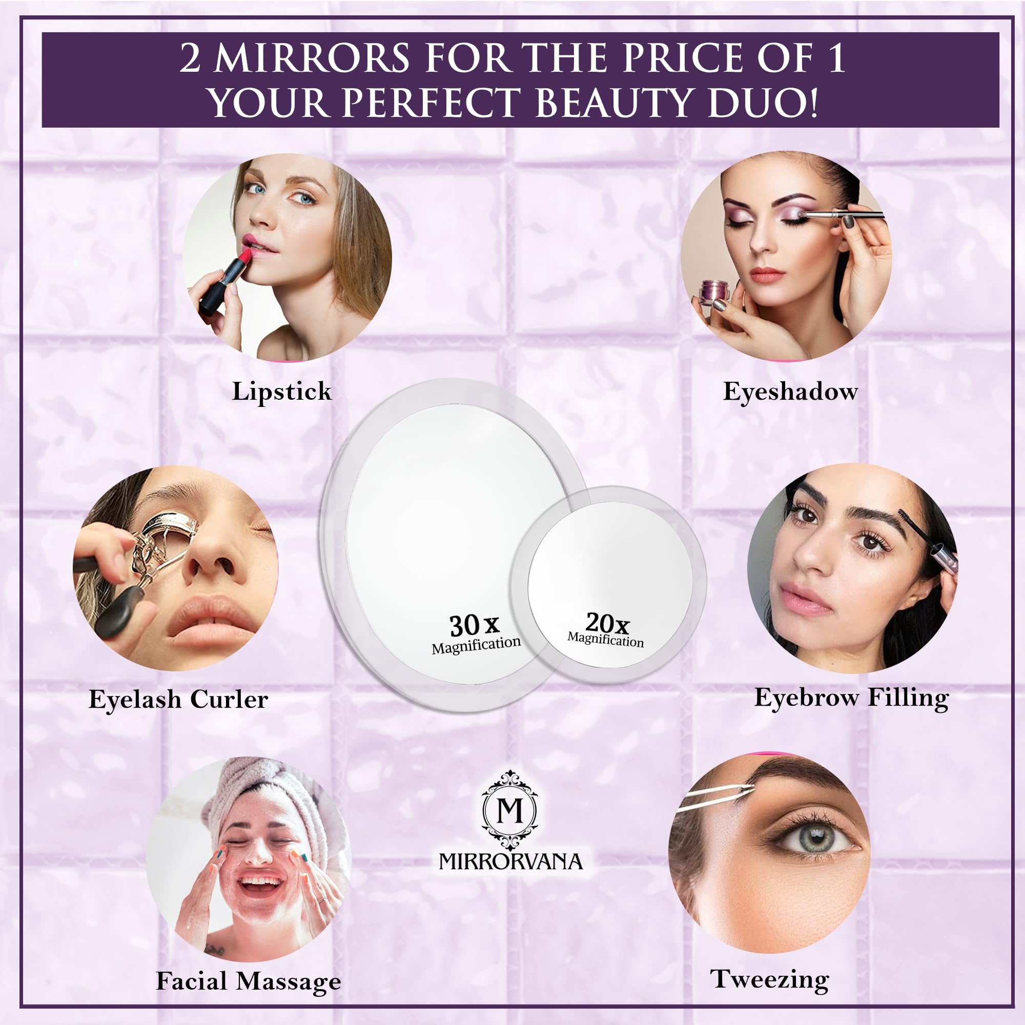 Mirrorvana Super Zoom 30X & 20X Magnifying Mirror Set For Makeup - Ultra Precise, Strong Suction, Stick On Bathroom And Hollywoo