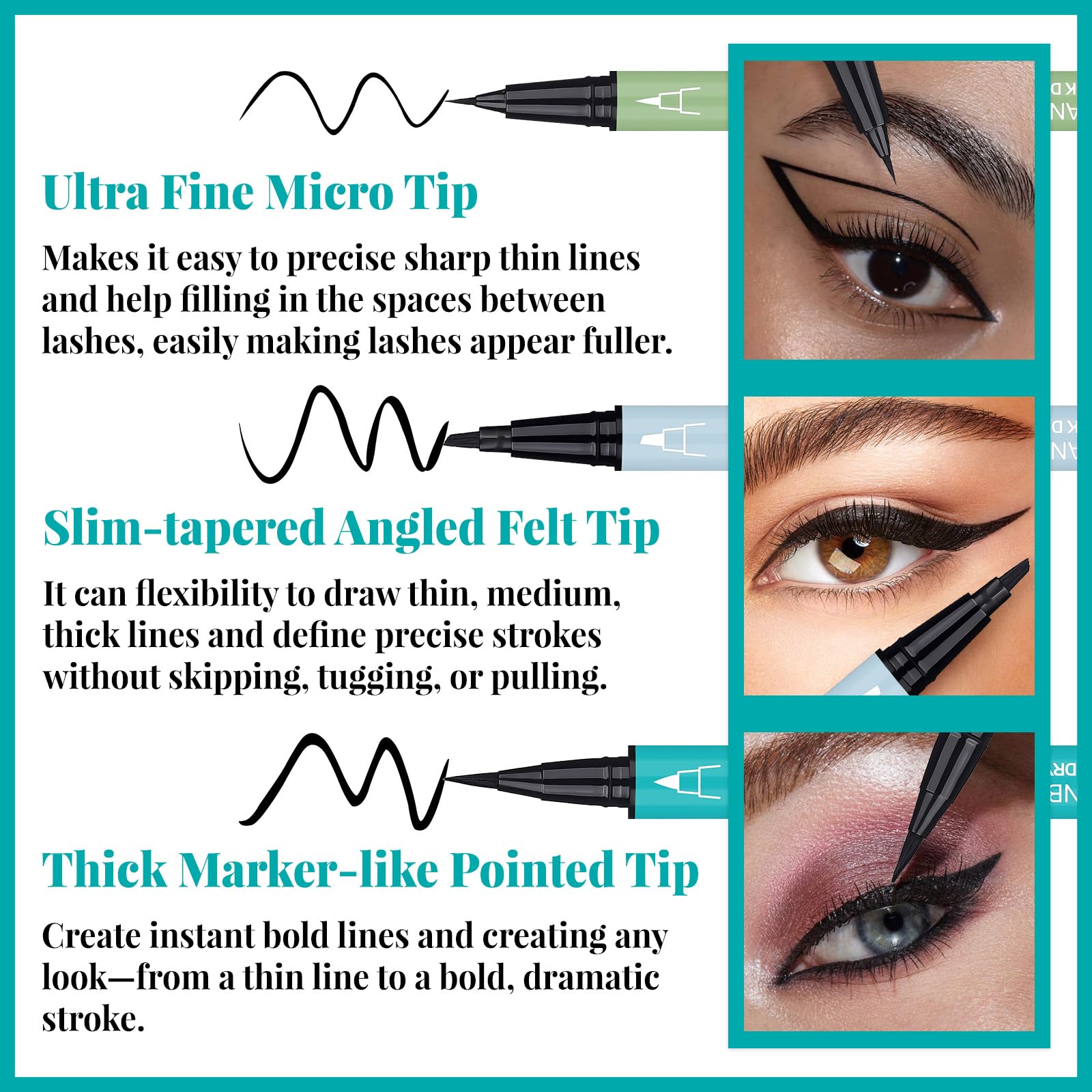 Ucanbe 3Pcs Black Liquid Eyeliner Kit Included 3 Brush Tip For Ultra Precision, Quick Drying, Smooth Glide, Smudge-Resistant, Wa