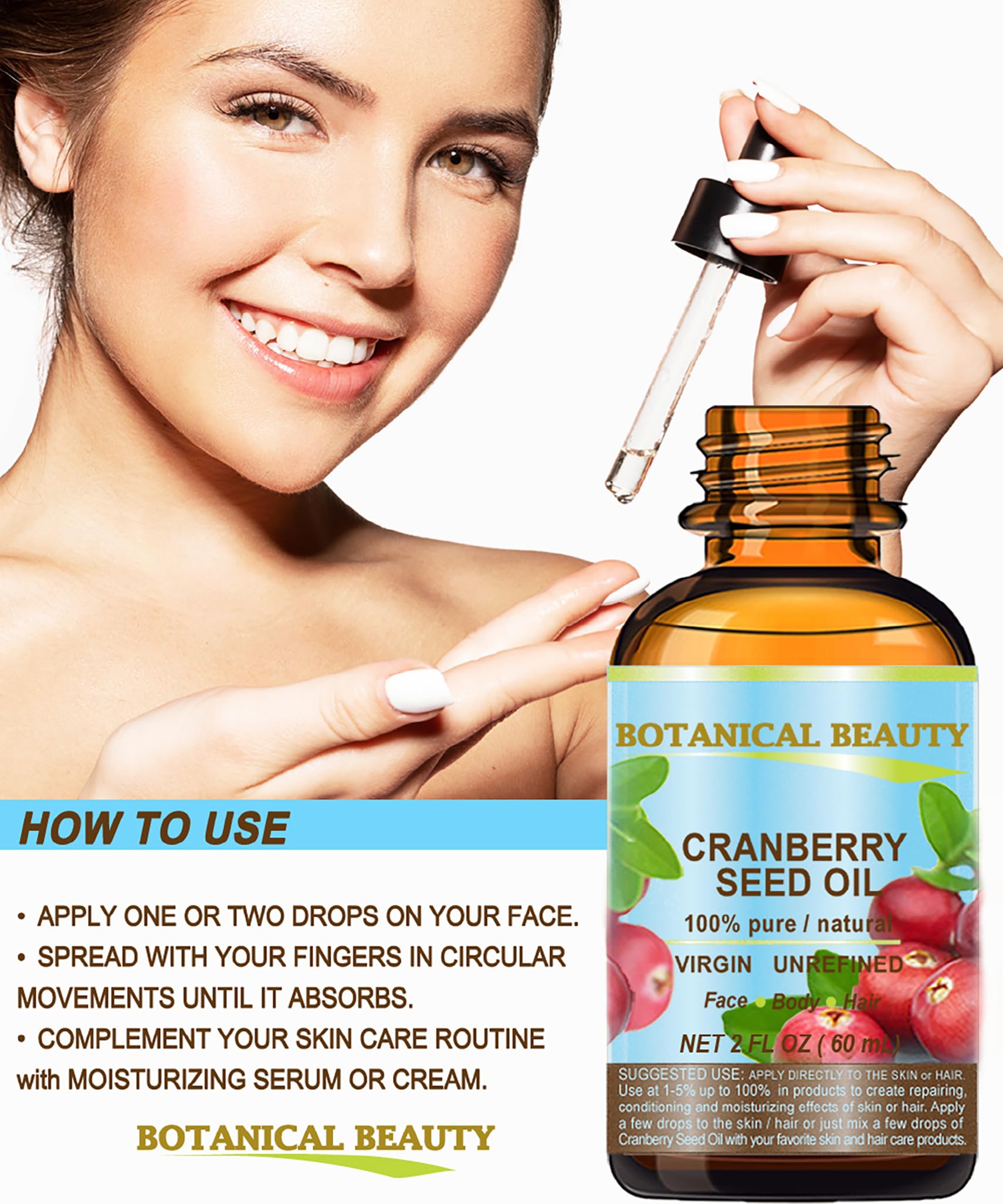 Cranberry Seed Oil 100% Pure/Natural. Cold Pressed/Undiluted. For Face, Hair And Body. 0.33 Fl.Oz.- 10 Ml. By Botanical Beauty