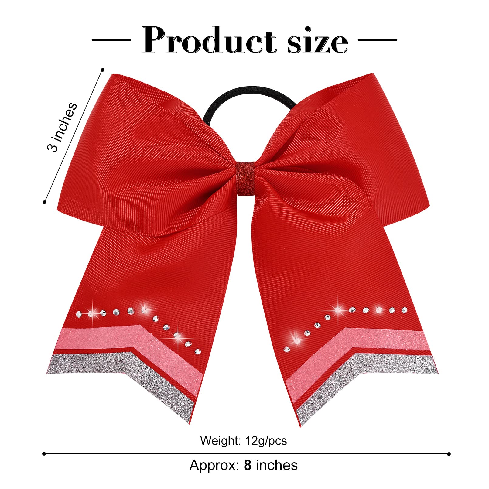 Large Glitter Hair Bows Set Of 8 - 8'' Red Rhinestone Sequin Bows For Girls, Teen Cheerleaders, Softball, And Sports