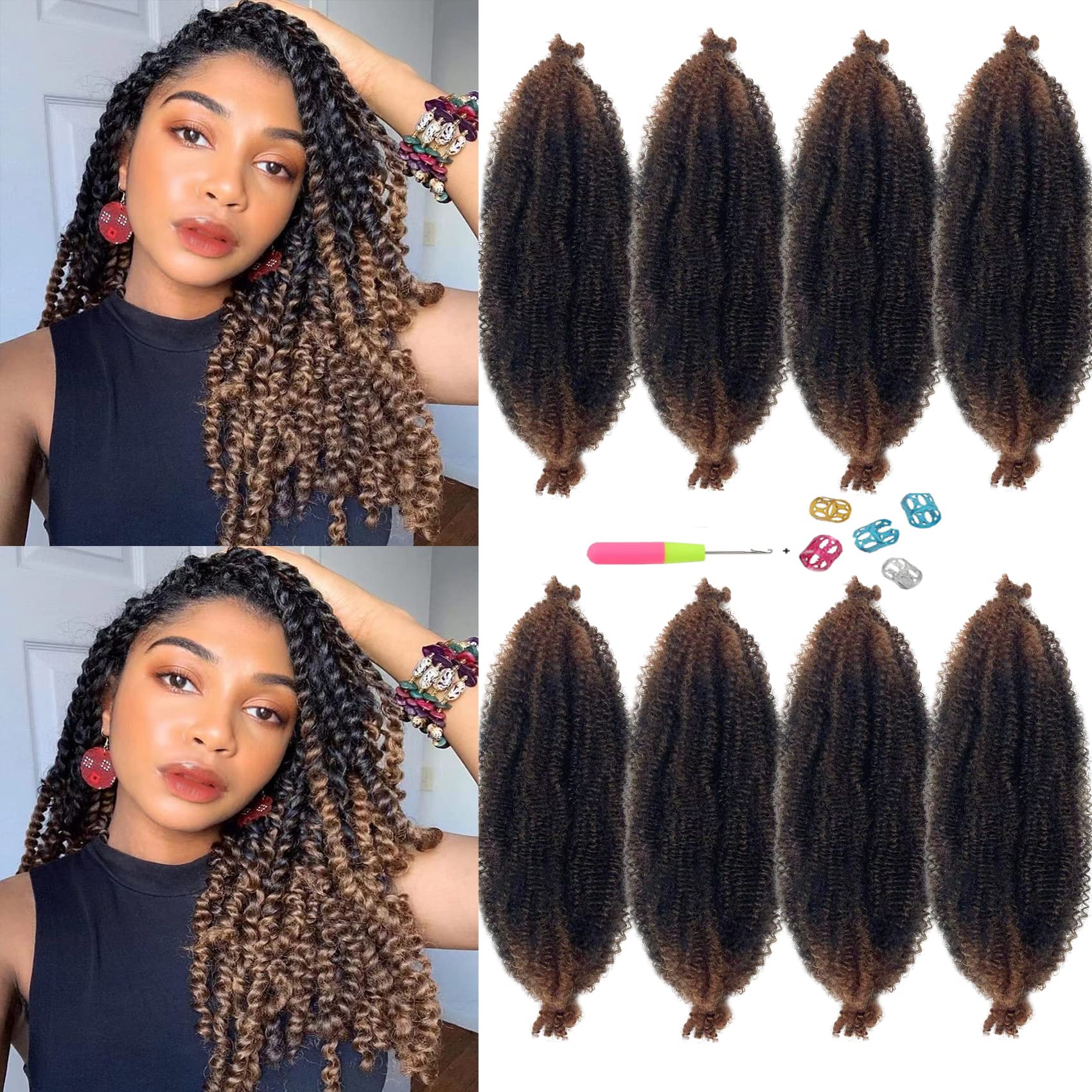 Springy Afro Twist Hair 16 Inch Pre-Separated Marley Twist Braiding 8 Packs Ombre Brown Kinky Marley Twist Hair for Spring Twist